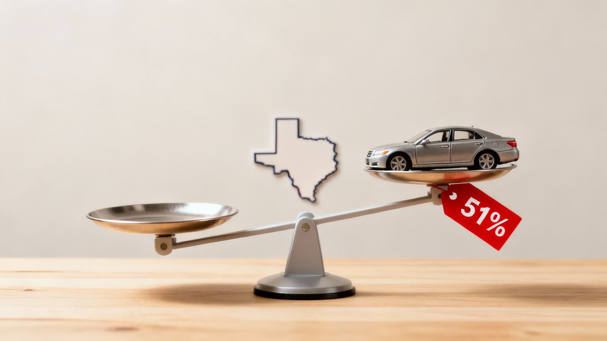 A scale with a silver toy car and a red '51%' tag heavily weighing down one side, with a Texas outline in the background.