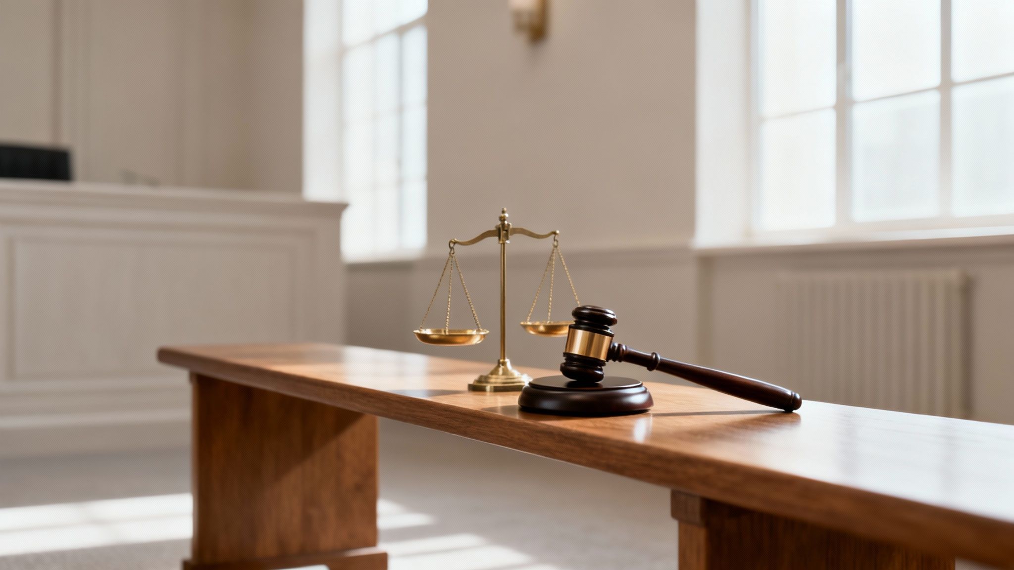 Courtroom setting featuring a gavel and scales of justice, symbolizing legal proceedings related to burglary of habitation in Texas.