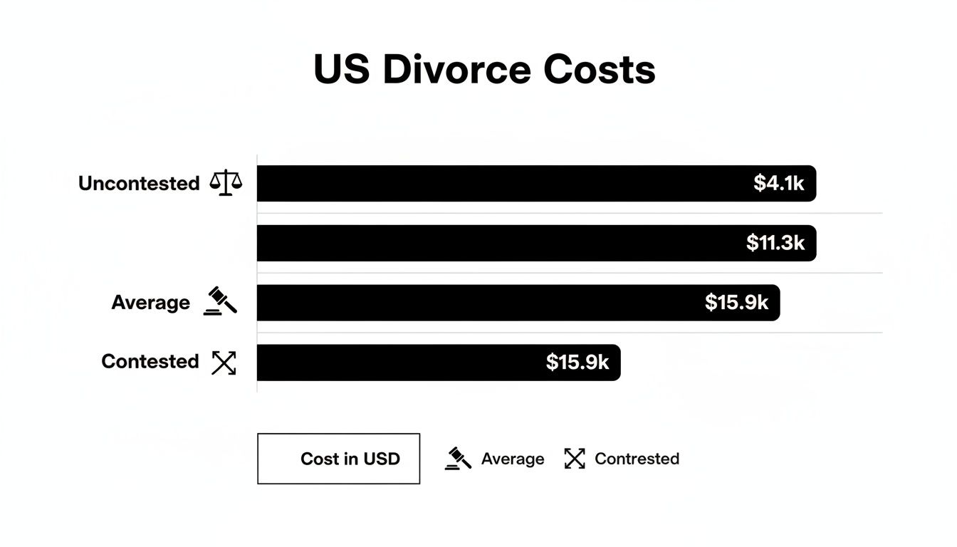 Bar chart illustrating US divorce costs: Uncontested at $4.1k, Average at $15.9k, and Contested at $15.9k.