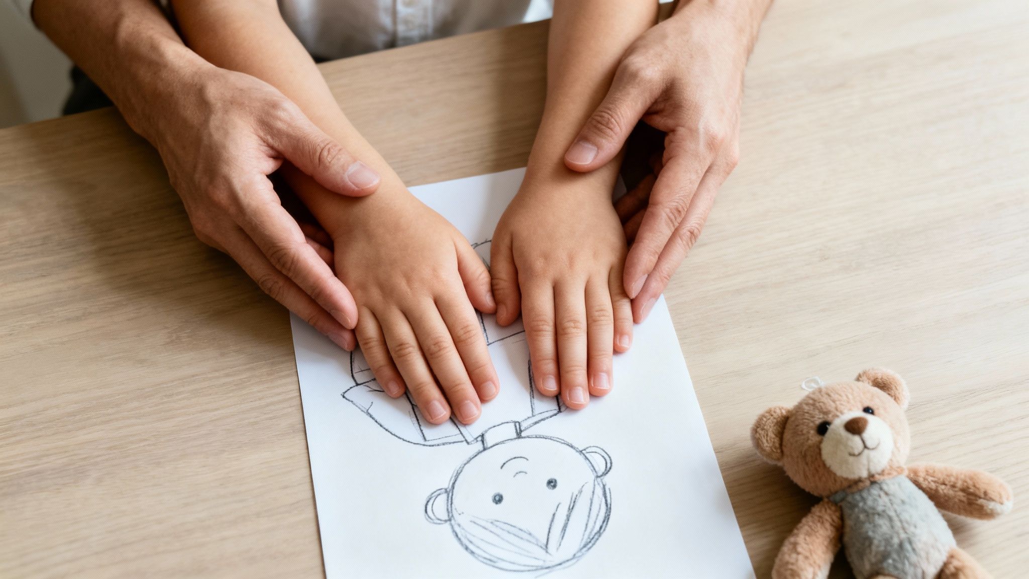 Adult hands gently guide child's hands over a drawing on a wooden table, with a teddy bear nearby.