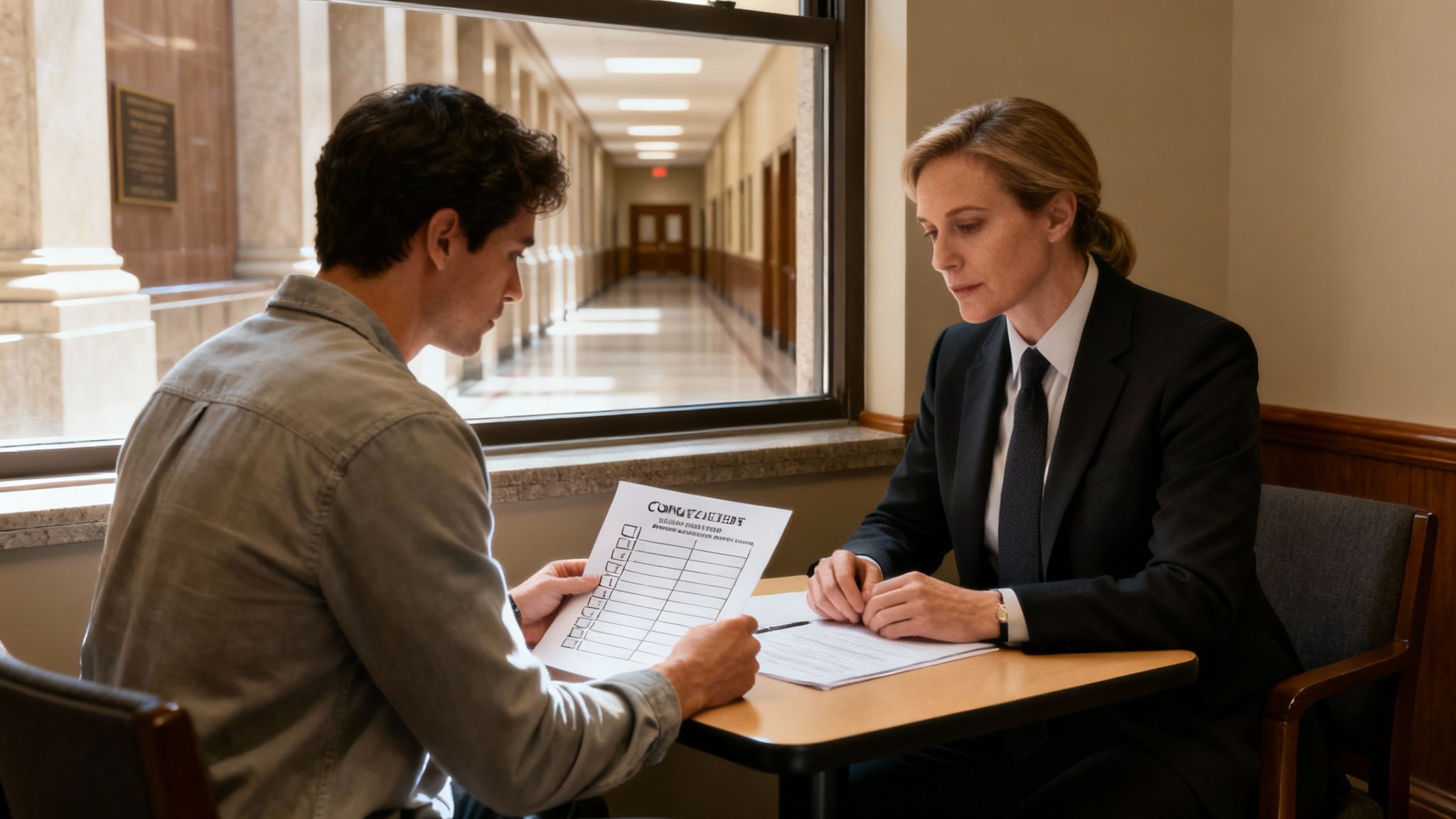 A man and a woman reviewing documents at a table, likely a pretrial meeting in a legal setting.