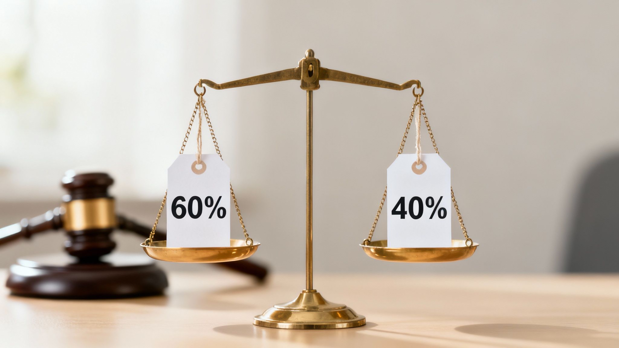A judge's gavel and a wedding ring rest on a legal document, symbolizing the division of a Texas divorce.