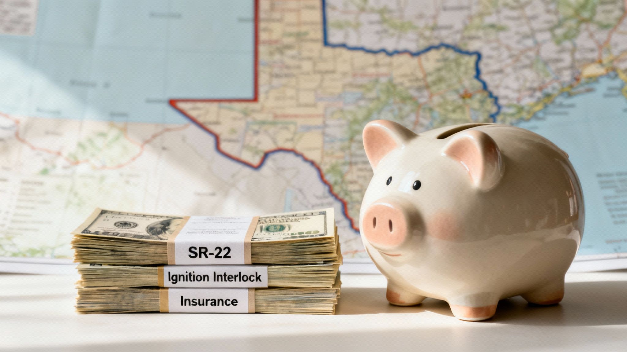 Piggy bank next to stack of cash labeled "SR-22 Ignition Interlock Insurance" with Texas map in background, symbolizing financial implications of DWI charges in Texas.