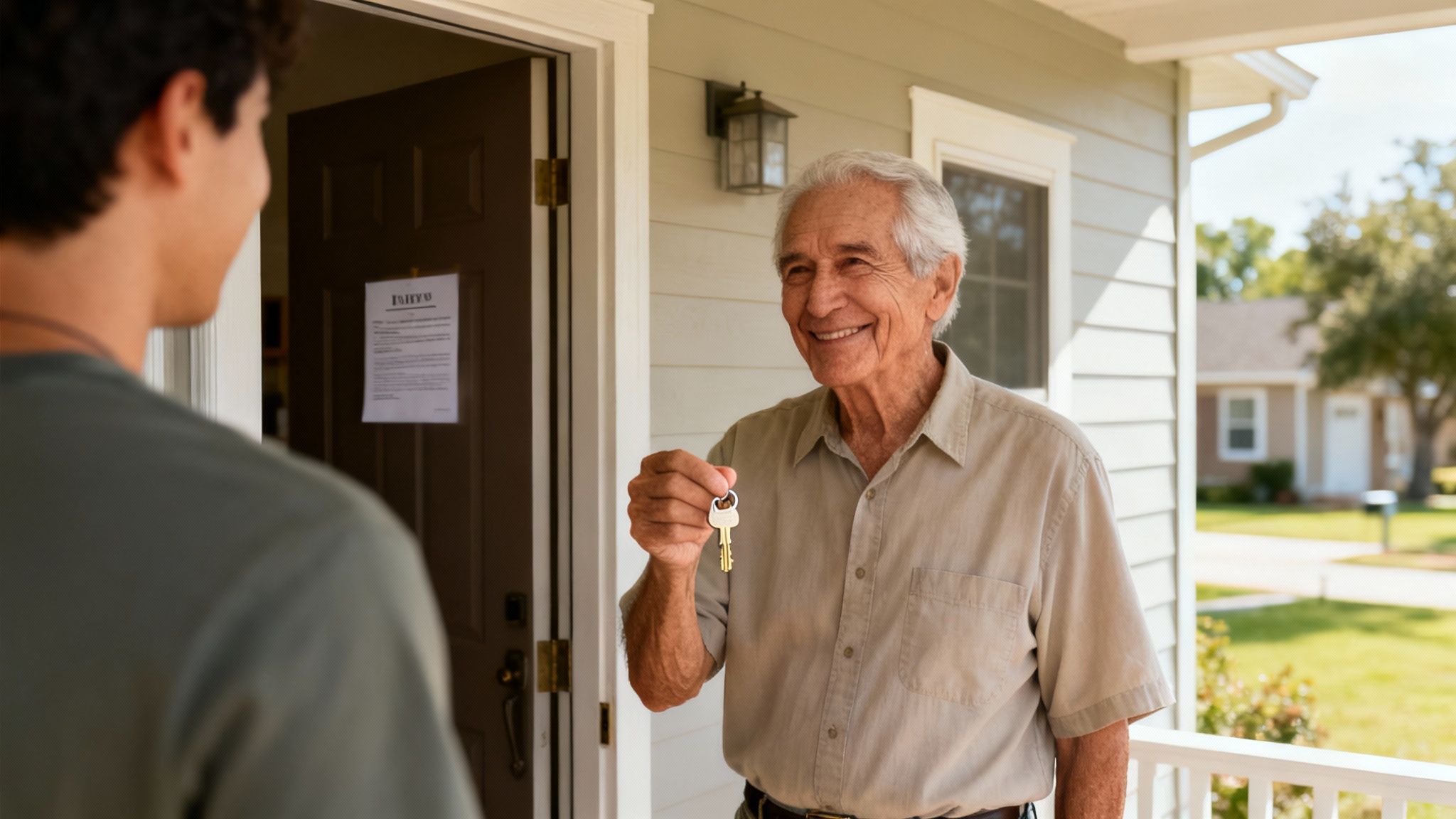 Elderly man smiling and handing house keys to a younger person at the front door, symbolizing the transfer of property through a Lady Bird Deed in Texas estate planning.