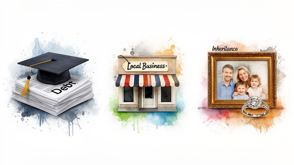 Graduation cap symbolizing student debt, local business storefront, and framed family photo with engagement ring representing inheritance, illustrating financial considerations in prenuptial and postnuptial agreements.