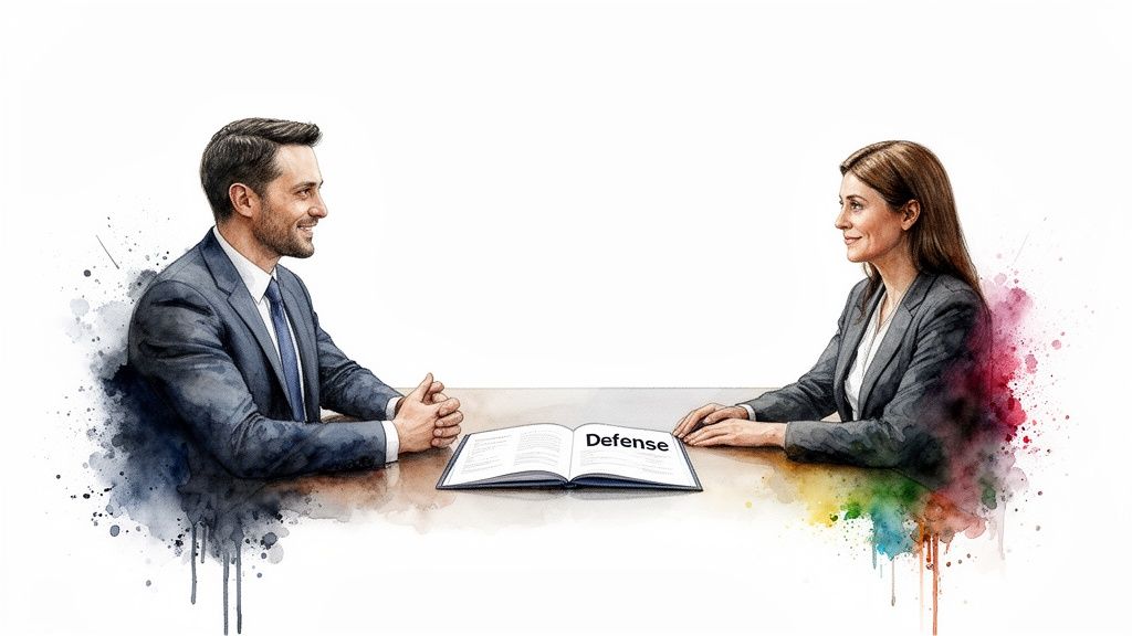 Two professionals, a man and a woman, sit at a table with a book titled 'Defense' between them, stylized with watercolor.
