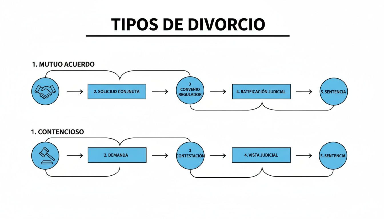 Diagrama de flujo que ilustra los dos tipos de divorcio: mutuo acuerdo y contencioso, con sus respectivas etapas procesales.