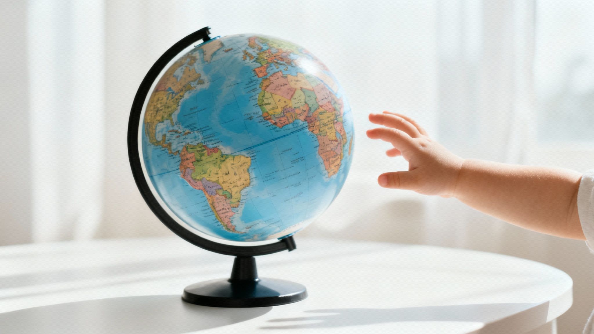 An optimistic couple reviews a world map while planning their international adoption journey.