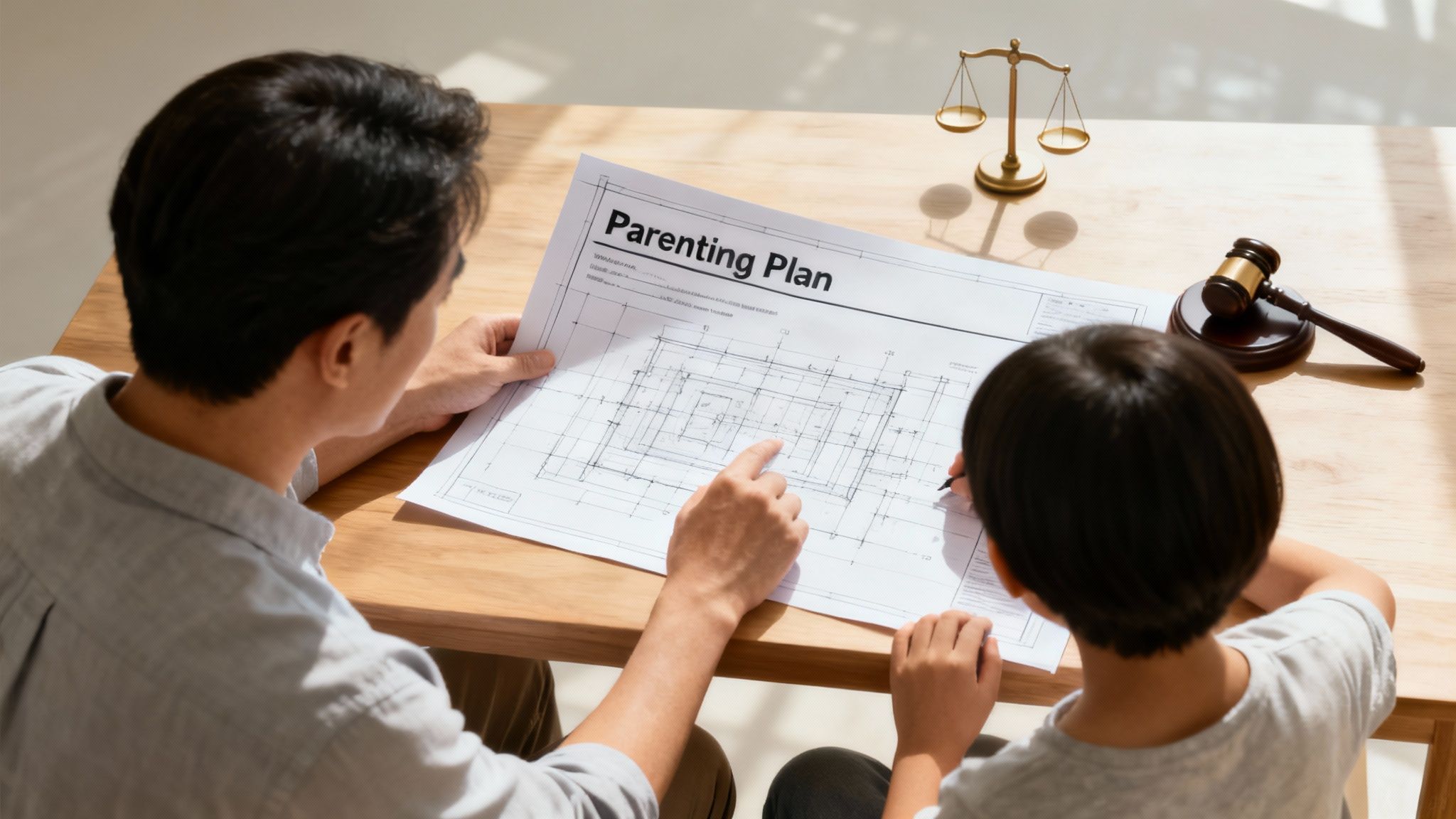 A parent and child looking at blueprints together, symbolizing the creation of a parenting plan.
