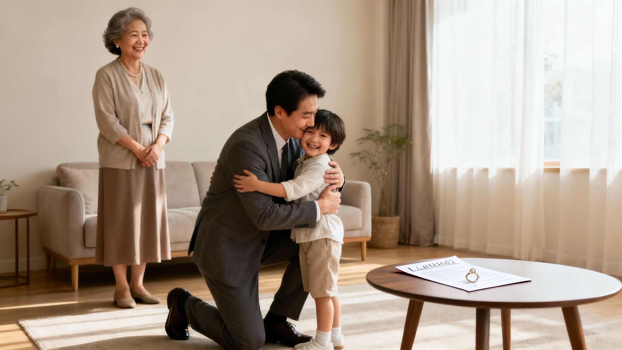 A loving father hugs his son during what appears to be an adoption ceremony, with an older woman watching happily.