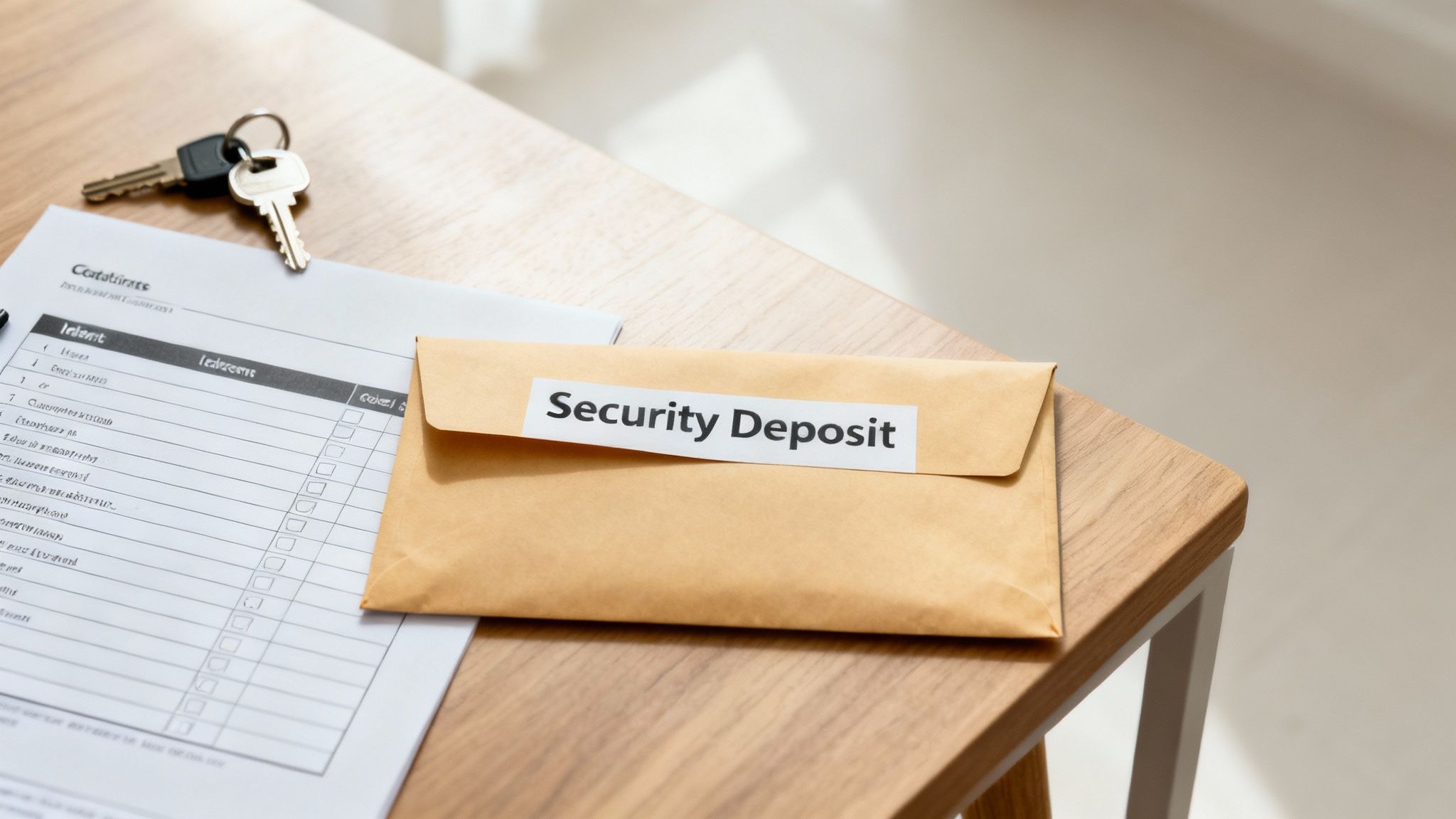 Security deposit envelope on wooden table with keys and checklist, illustrating landlord-tenant financial responsibilities in Texas.