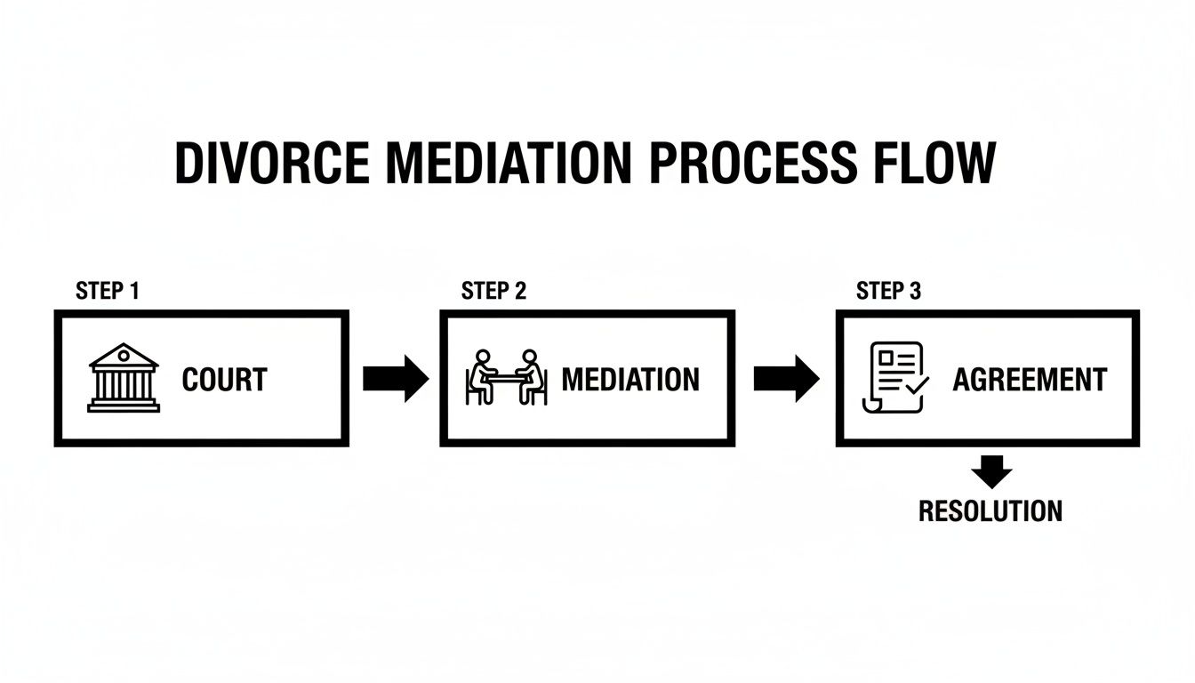 Flowchart illustrating the divorce mediation process from court involvement to agreement and resolution.