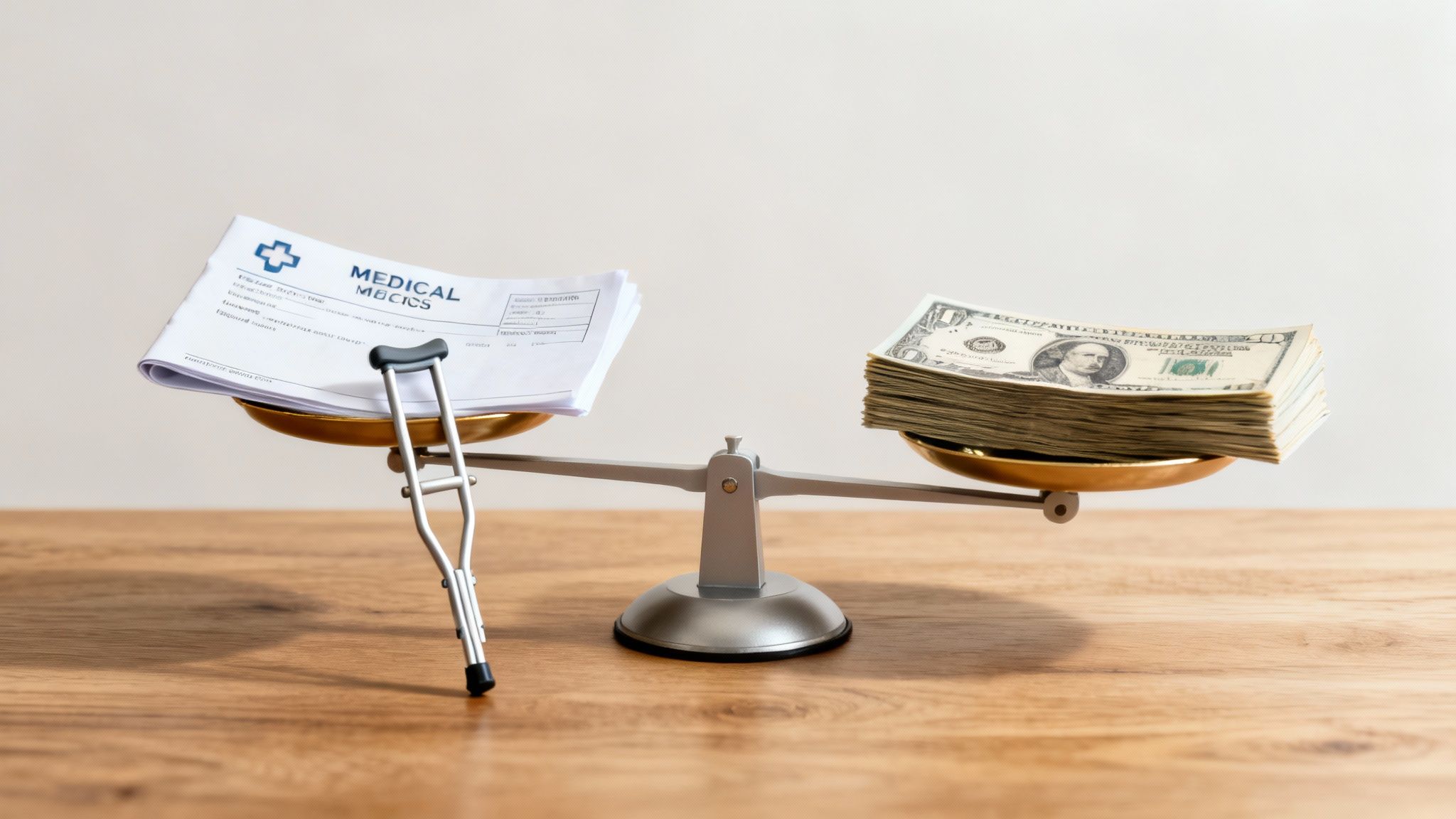 Medical bills and a crutch balanced against a stack of money on a scale.