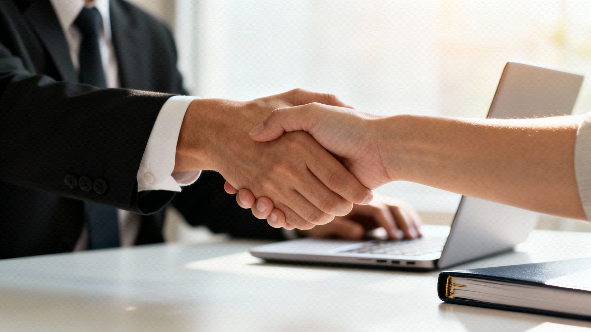 Dos personas, una con traje, estrechan manos sobre una mesa con un portátil y cuaderno.