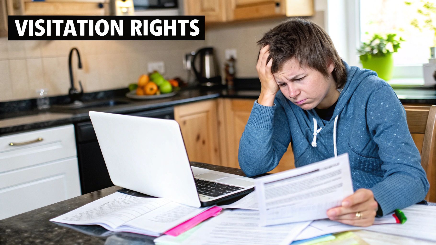 A parent comforting a child, representing the family-focused nature of visitation rights.