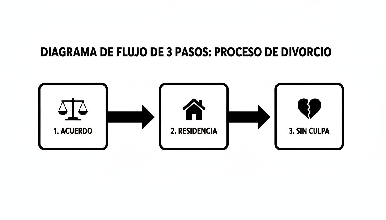 Diagrama de flujo del proceso de divorcio en 3 pasos: acuerdo, residencia y sin culpa.