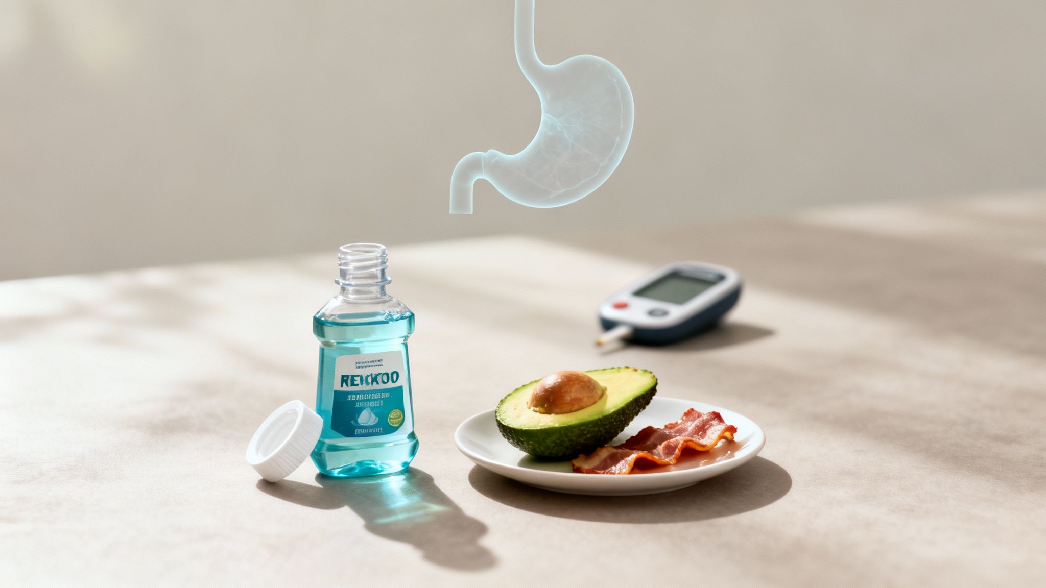 Bottle of mouthwash, plate with avocado and bacon, digital meter, and stomach illustration, highlighting factors influencing false positive breathalyzer tests related to diet and health.