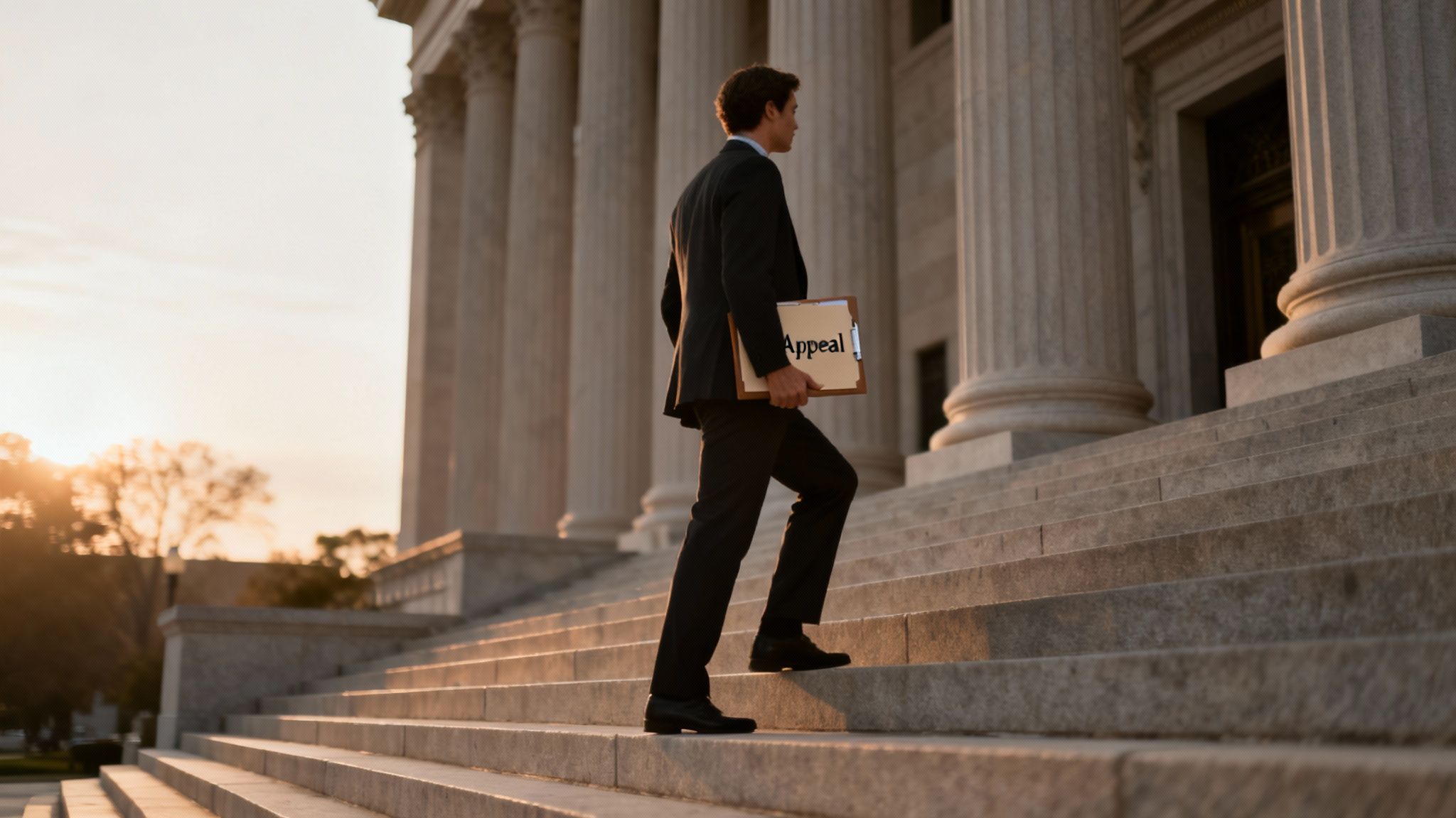 Lawyer in suit carrying appeal documents walking up courthouse steps at sunset