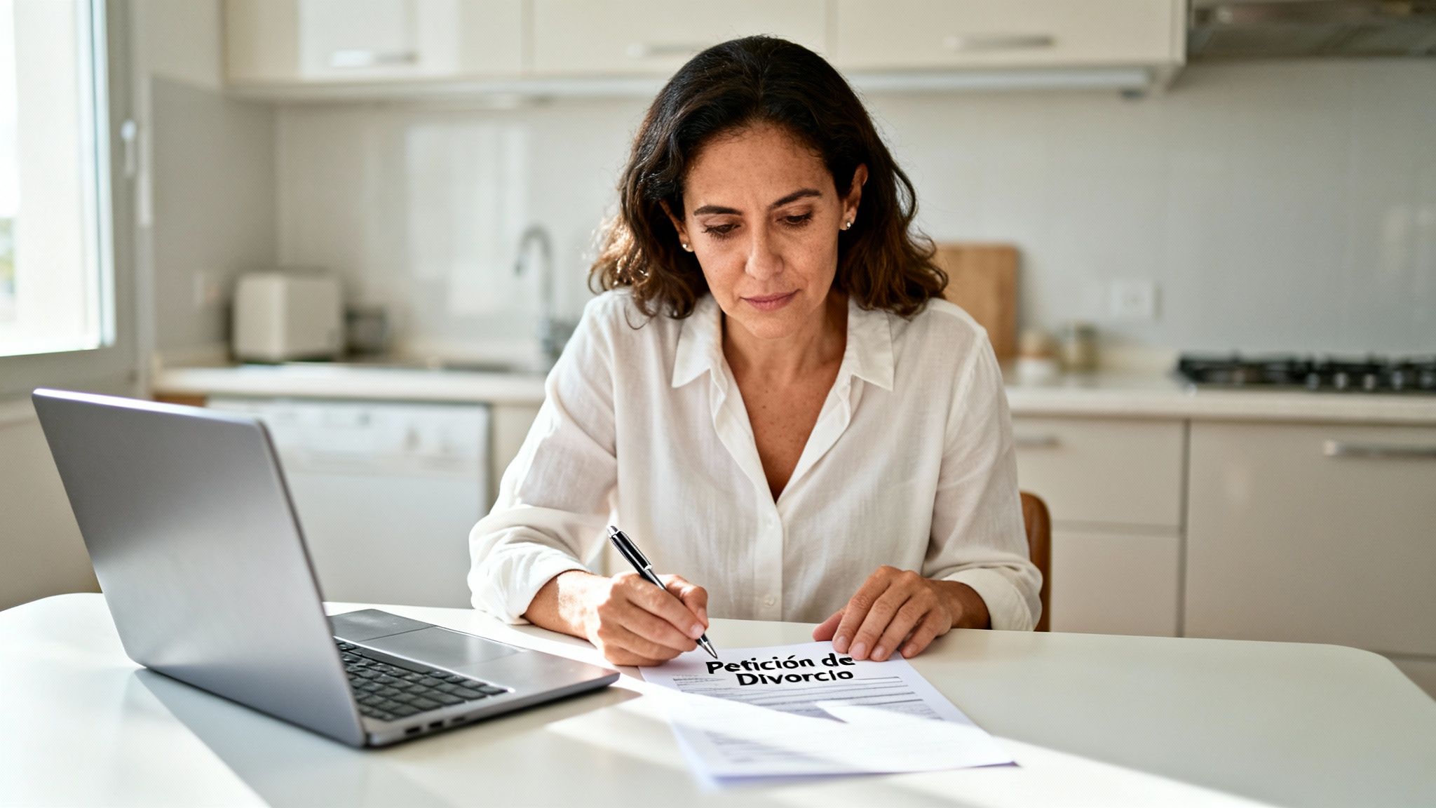Mujer latina firmando una petición de divorcio en casa con un portátil en la mesa de la cocina.