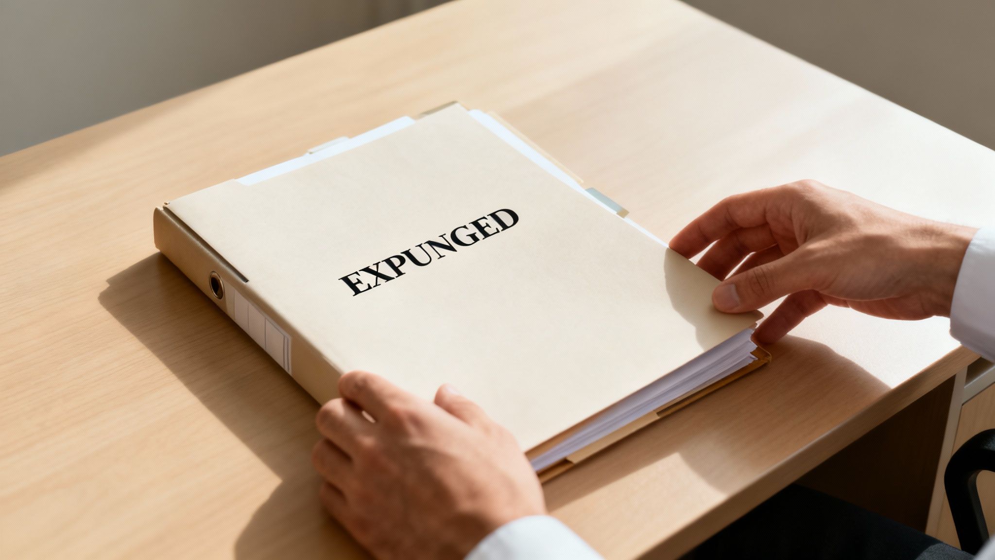 Folder labeled "EXPUNGED" on a wooden desk, symbolizing the legal process of record expunction for Class C misdemeanors in Texas.
