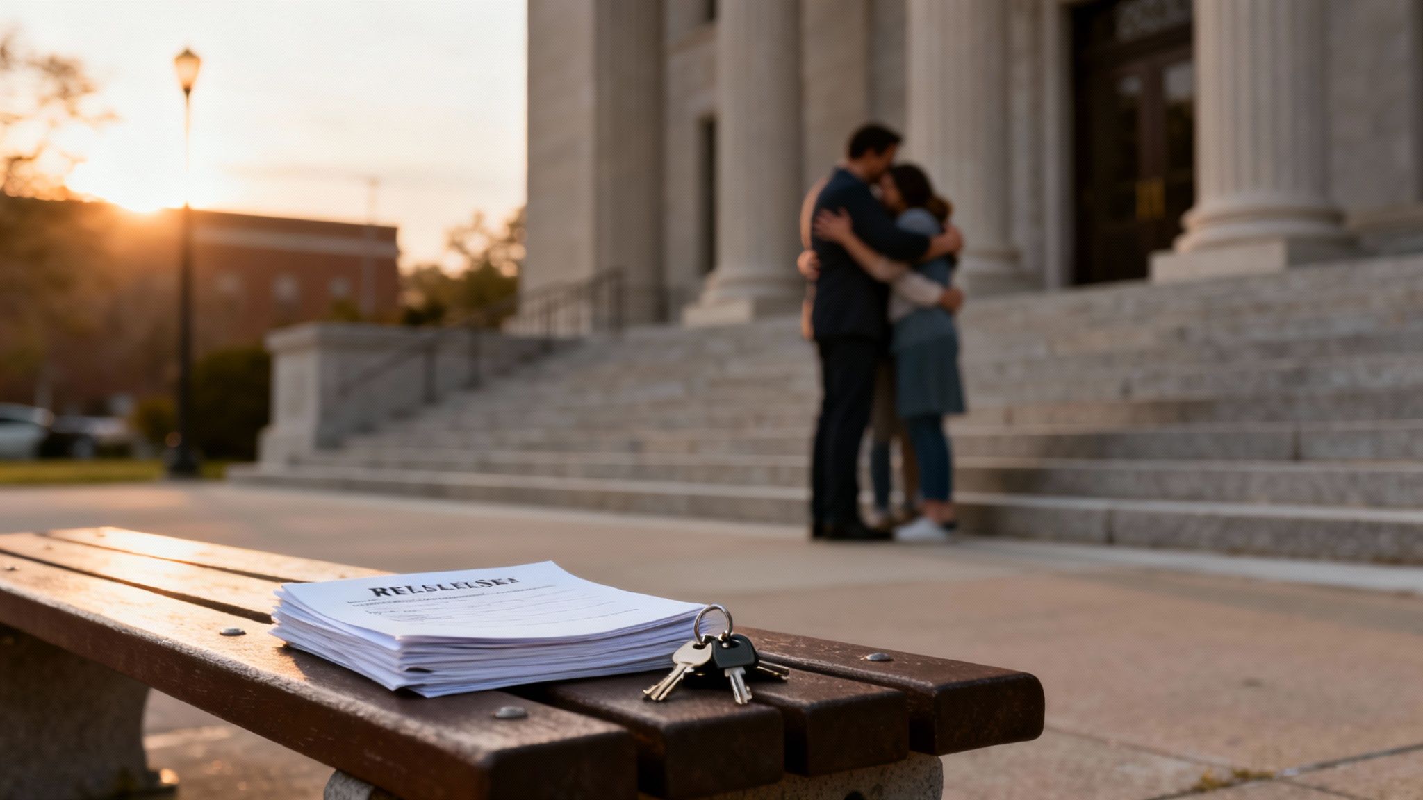 Legal documents and keys on a bench, with two people embracing outside a courthouse at sunset.