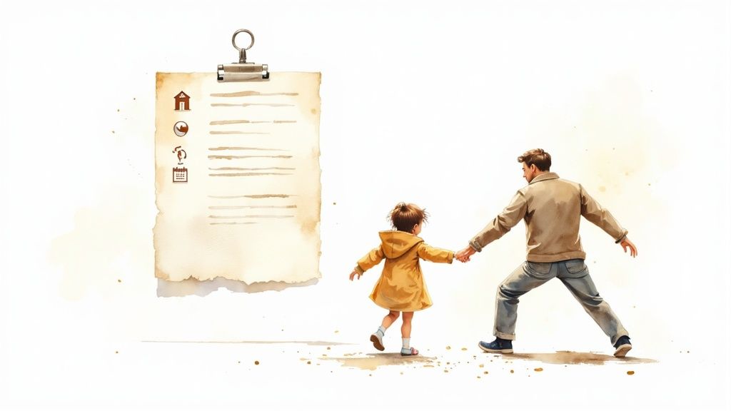 Father and child holding hands, walking towards a clipboard with a temporary custody order, symbolizing family stability during custody disputes in Texas.