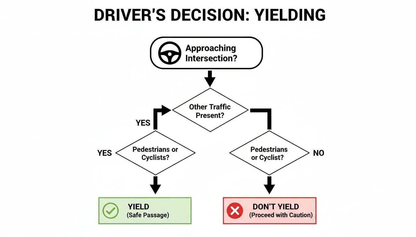 Flowchart illustrating a driver's decision to yield based on intersection approach, traffic, pedestrians, and cyclists.