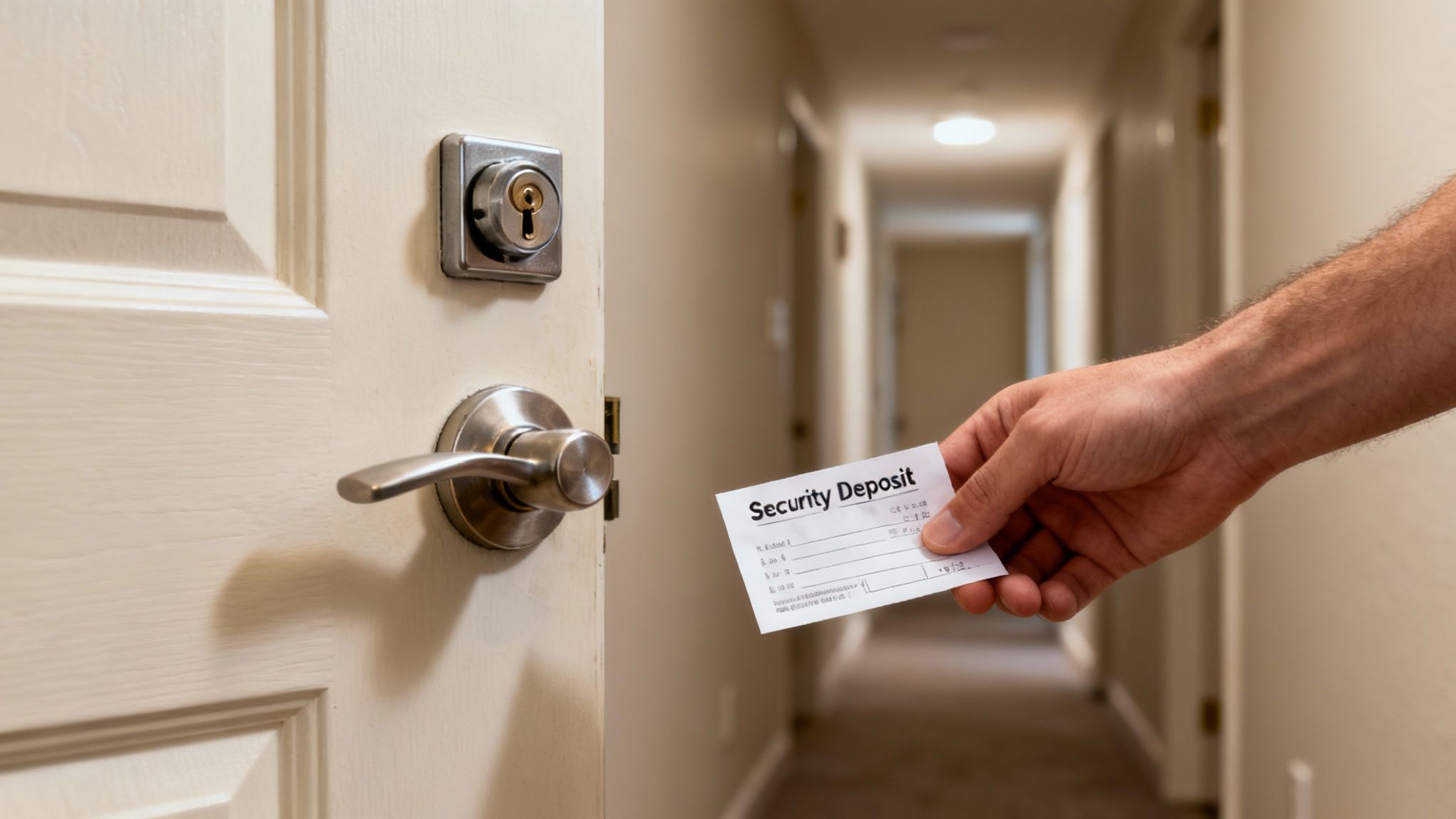 Hand holding a security deposit receipt in front of an open door, illustrating tenant rights and security deposit disputes in Texas.