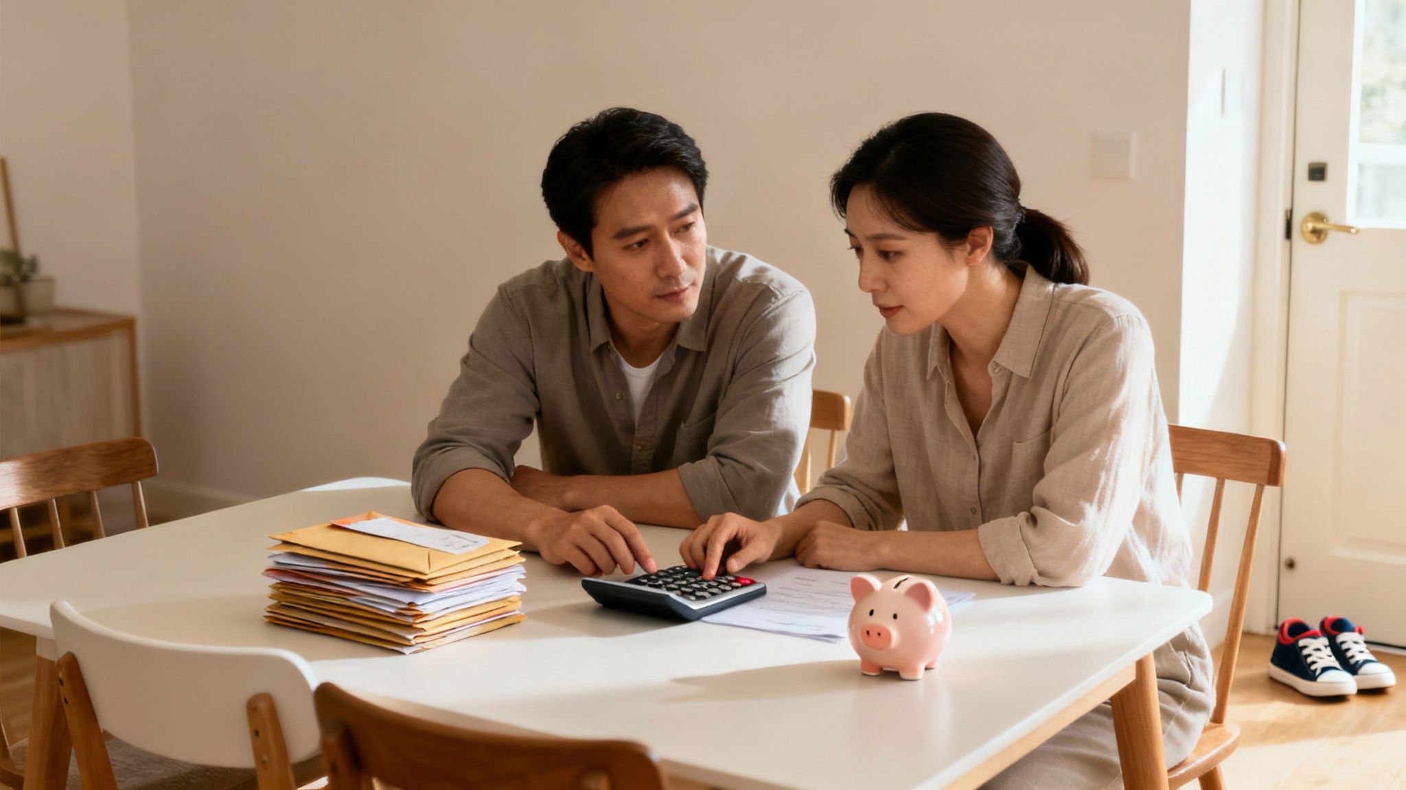 An Asian couple reviews financial documents and calculates expenses at a table with a piggy bank.