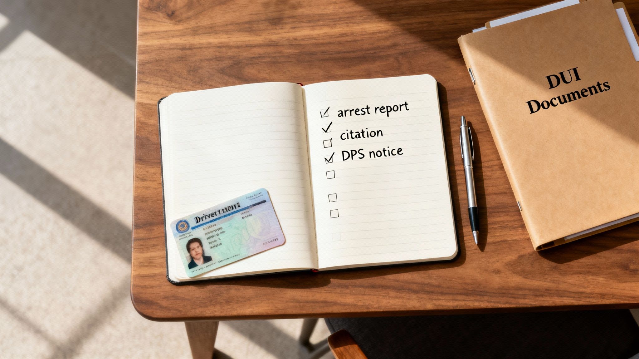 A driver's license, a checklist with 'arrest report' and 'DPS notice' checked, pen, and a 'DUI Documents' folder on a table.