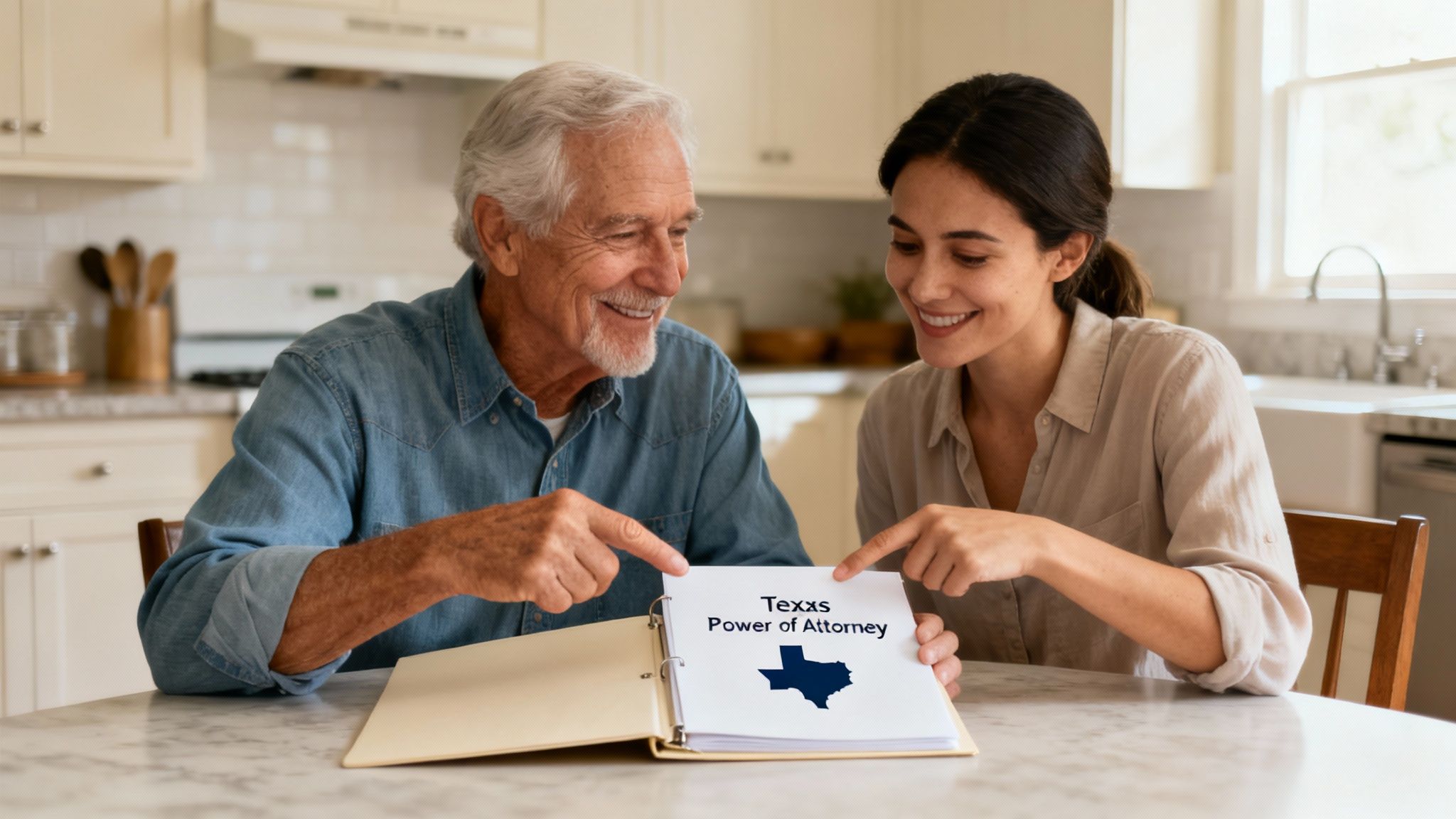 An older man and younger woman smiling and pointing at a document titled "Texas Power of Attorney."