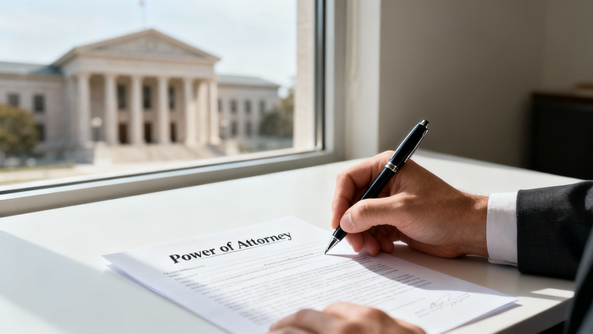 Professional hand signing power of attorney legal document at desk with courthouse view