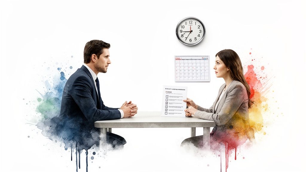 Professional consultation between two individuals at a table, discussing estate planning, with a checklist and calendar visible, representing the importance of preparation in selecting an estate planning attorney.