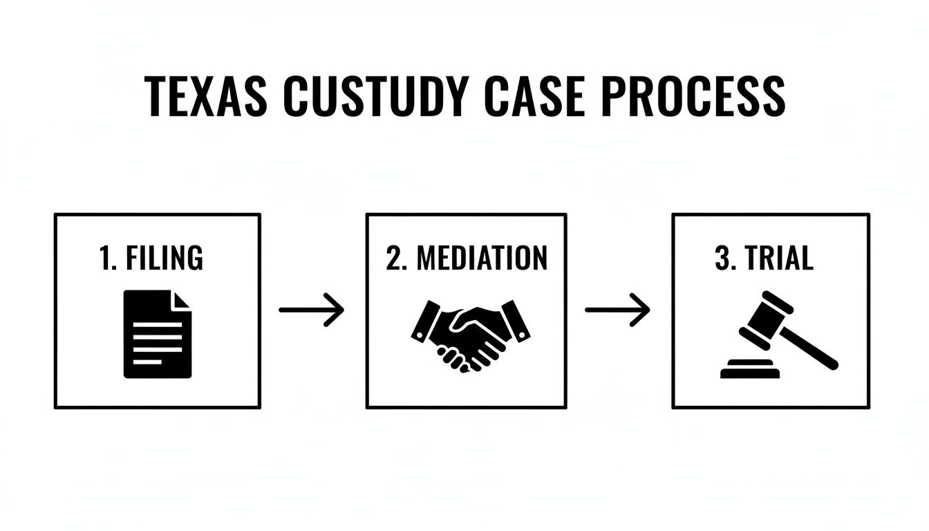 A flowchart detailing the Texas custody case process with three steps: 1. Filing, 2. Mediation, 3. Trial.