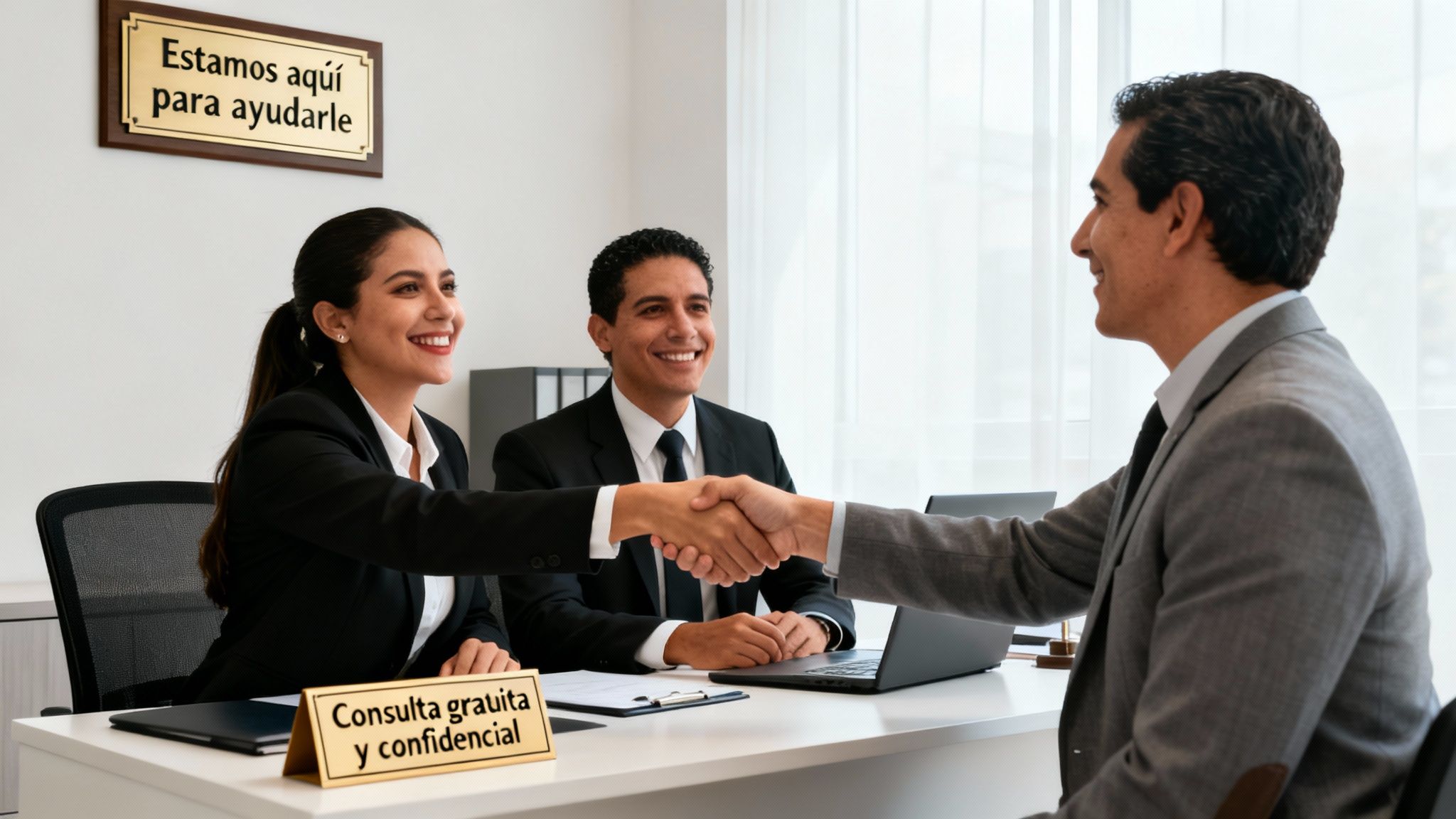 Abogados amables dan la bienvenida a un cliente con un apretón de manos para consulta gratuita y confidencial.