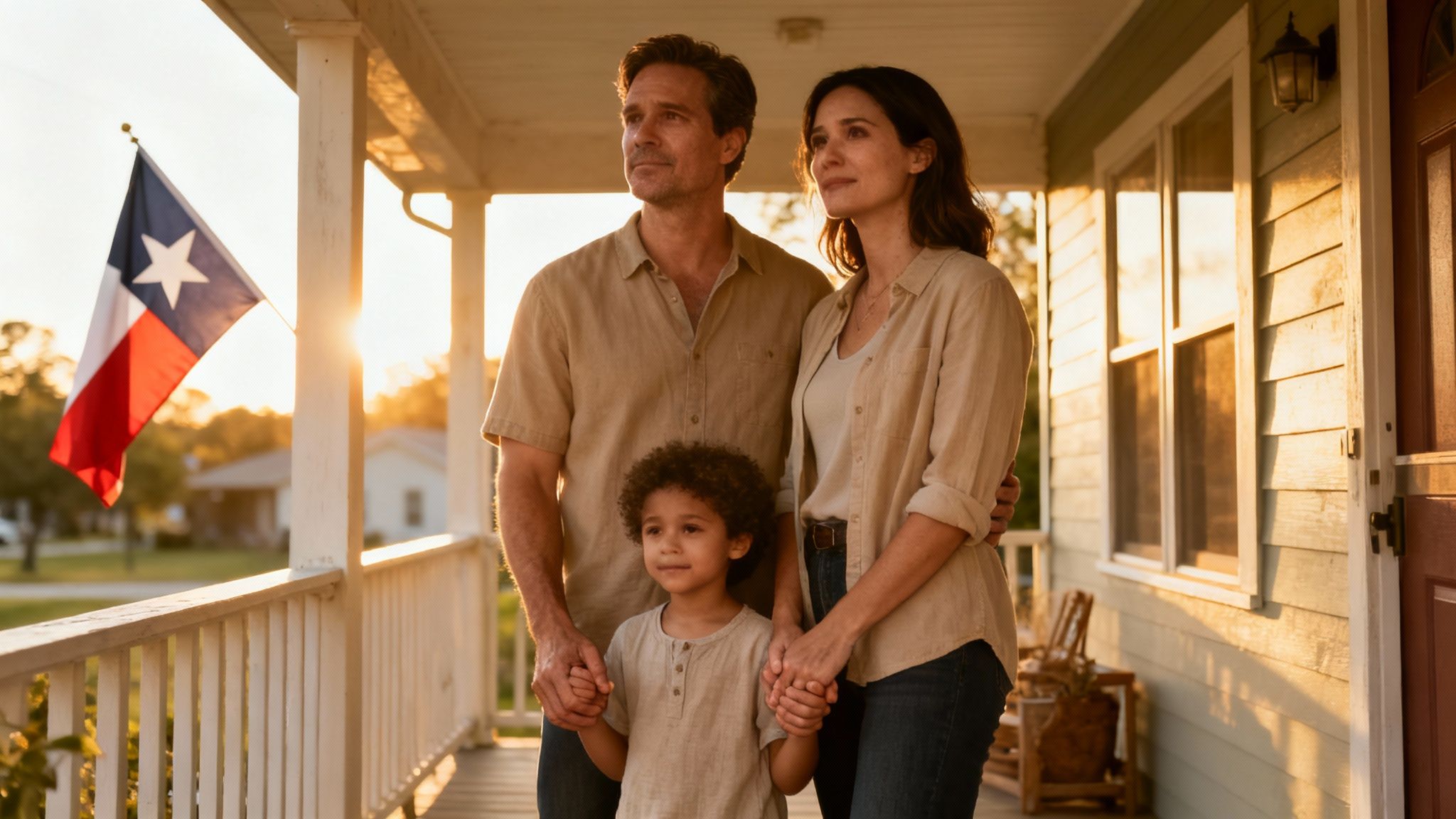 Family standing together on a porch in Texas, holding hands, with a Texas flag in the background, symbolizing hope and unity for parents navigating felony expungement challenges.