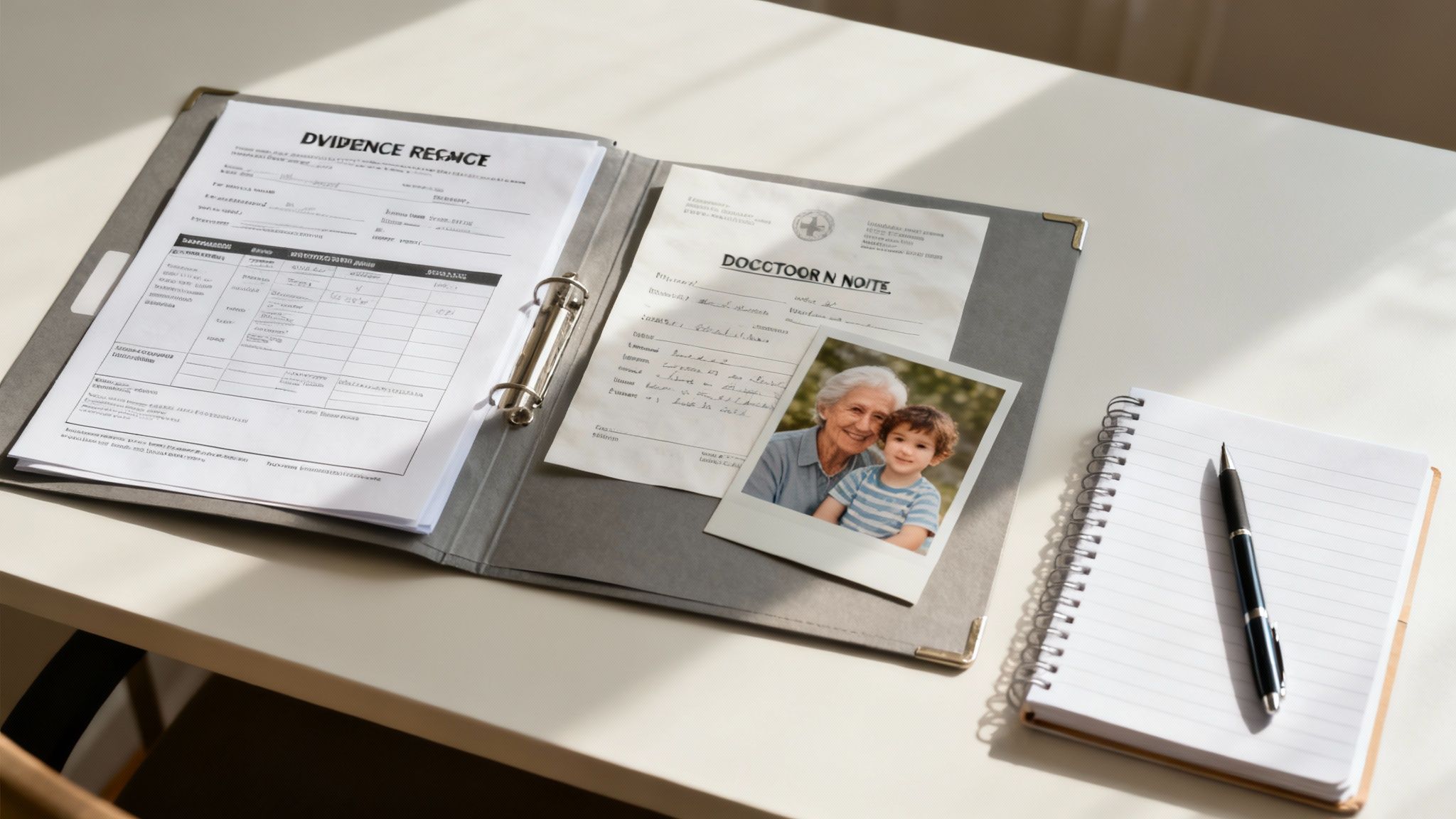 A grandmother and child sitting together, looking pensive.