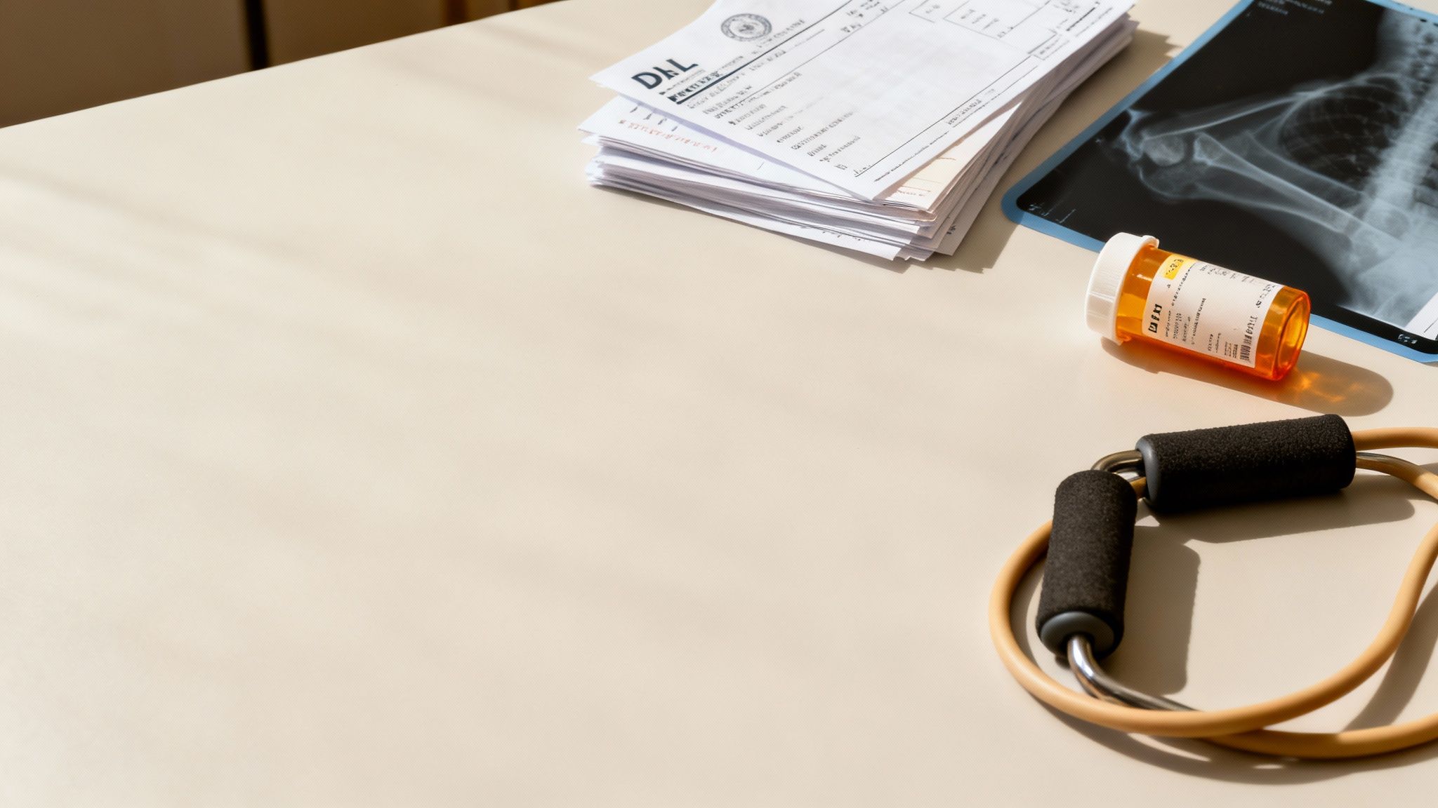 Desk with medical documents, an X-ray, a pill bottle, and a physical therapy resistance band.