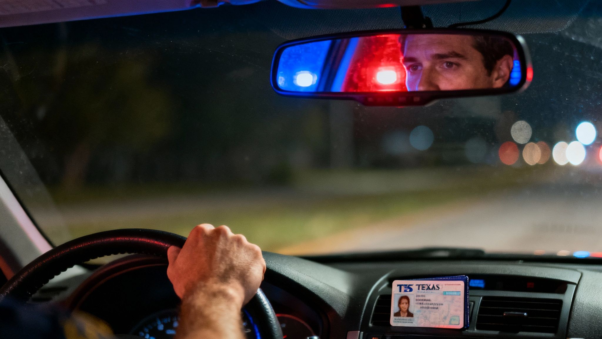 Driver looking at rearview mirror with police lights reflected during nighttime traffic stop