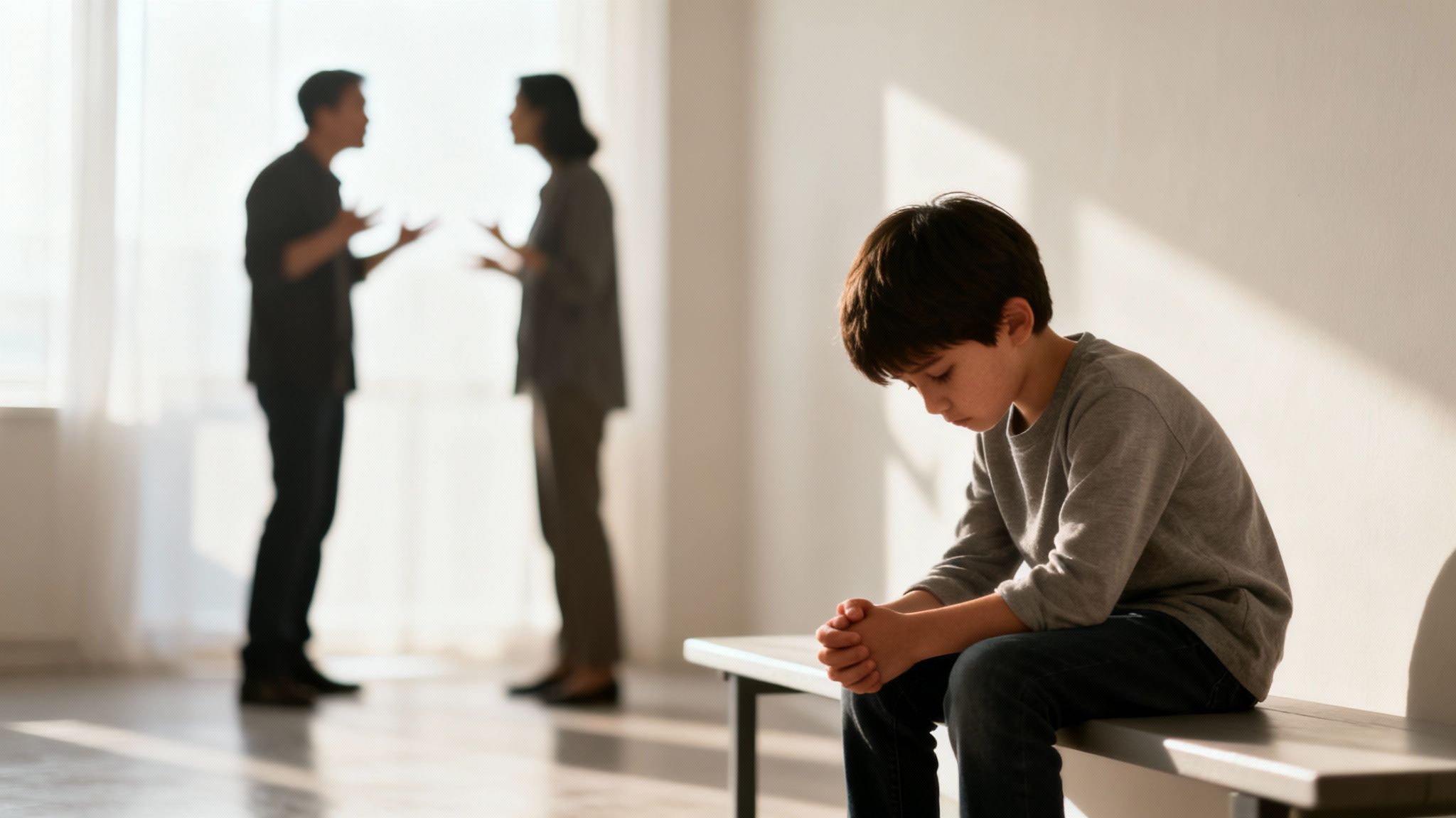 A sad boy sits on a bench while his parents argue intensely in the background, highlighting family conflict.