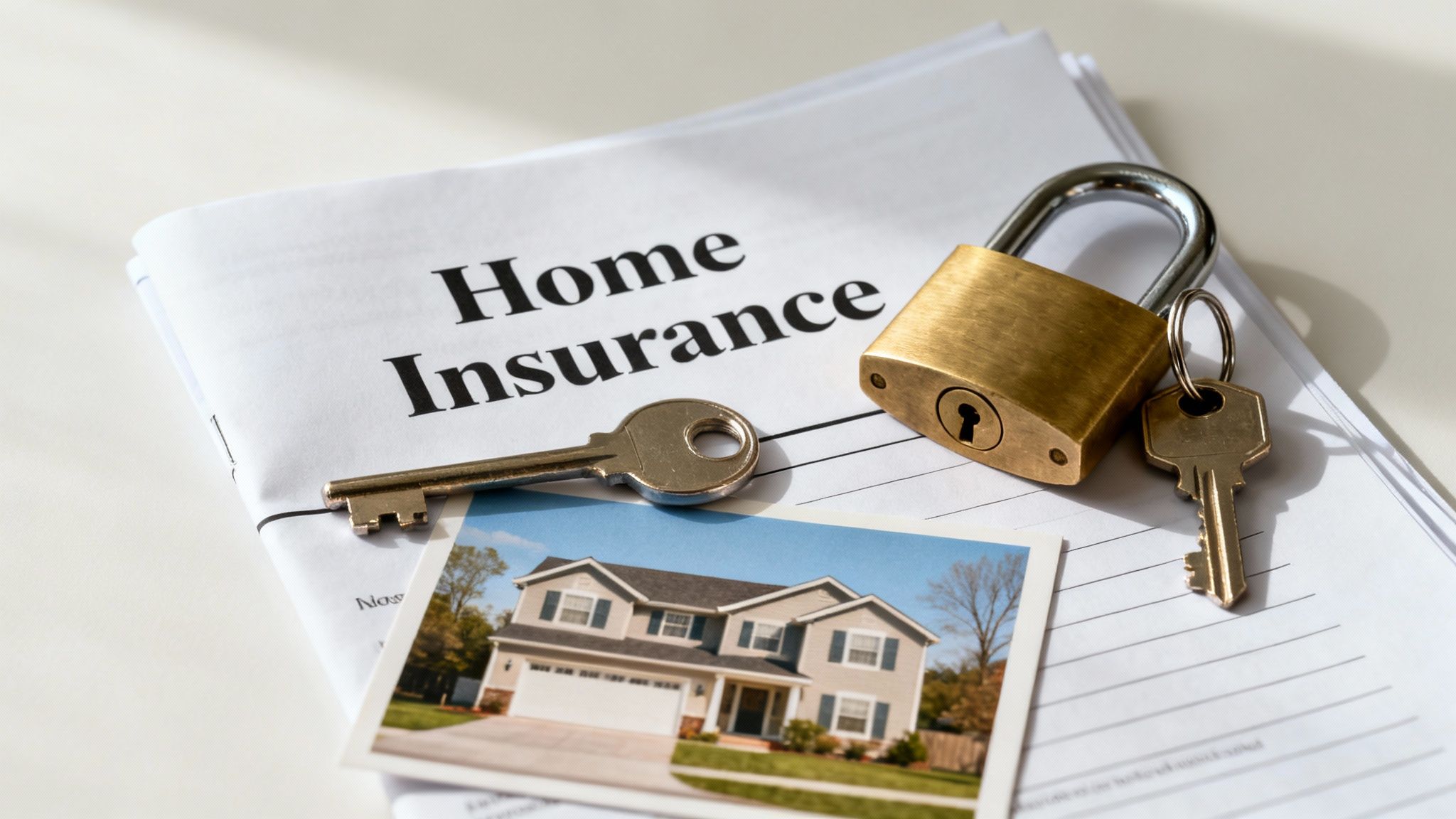 Home insurance document with a photo of a house, keys, and a padlock.