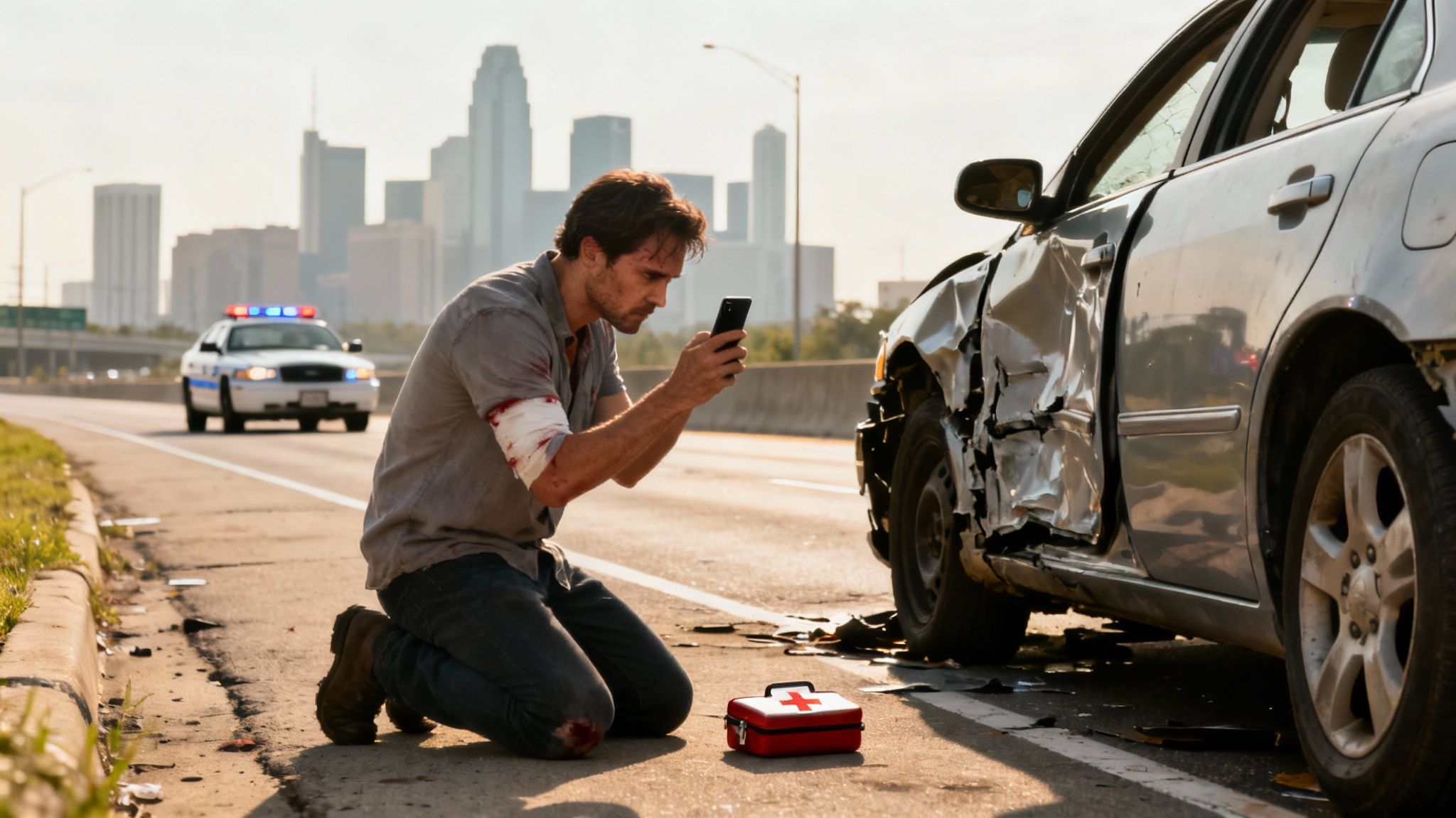 Injured man photographing a car accident scene on a highway with a police car nearby.