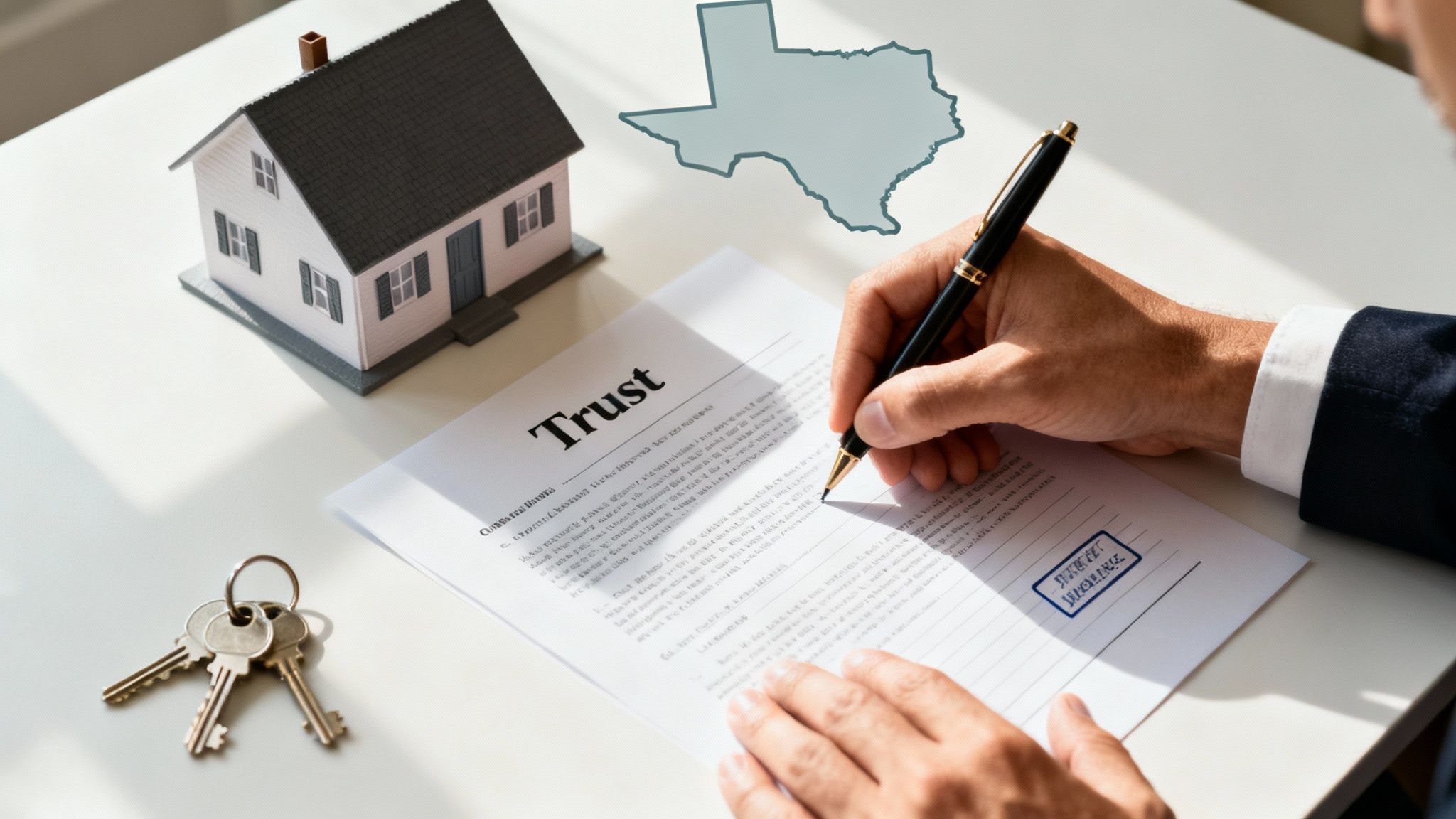 A person signing a 'Trust' document with a pen, a model house, keys, and Texas map.