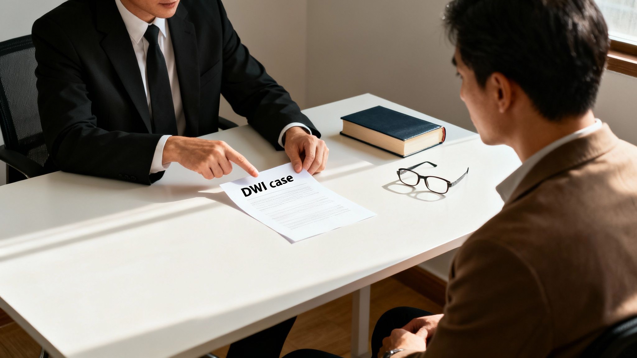 Attorney discussing DWI case with client, pointing at document labeled "DWI case," emphasizing legal consultation in Texas.