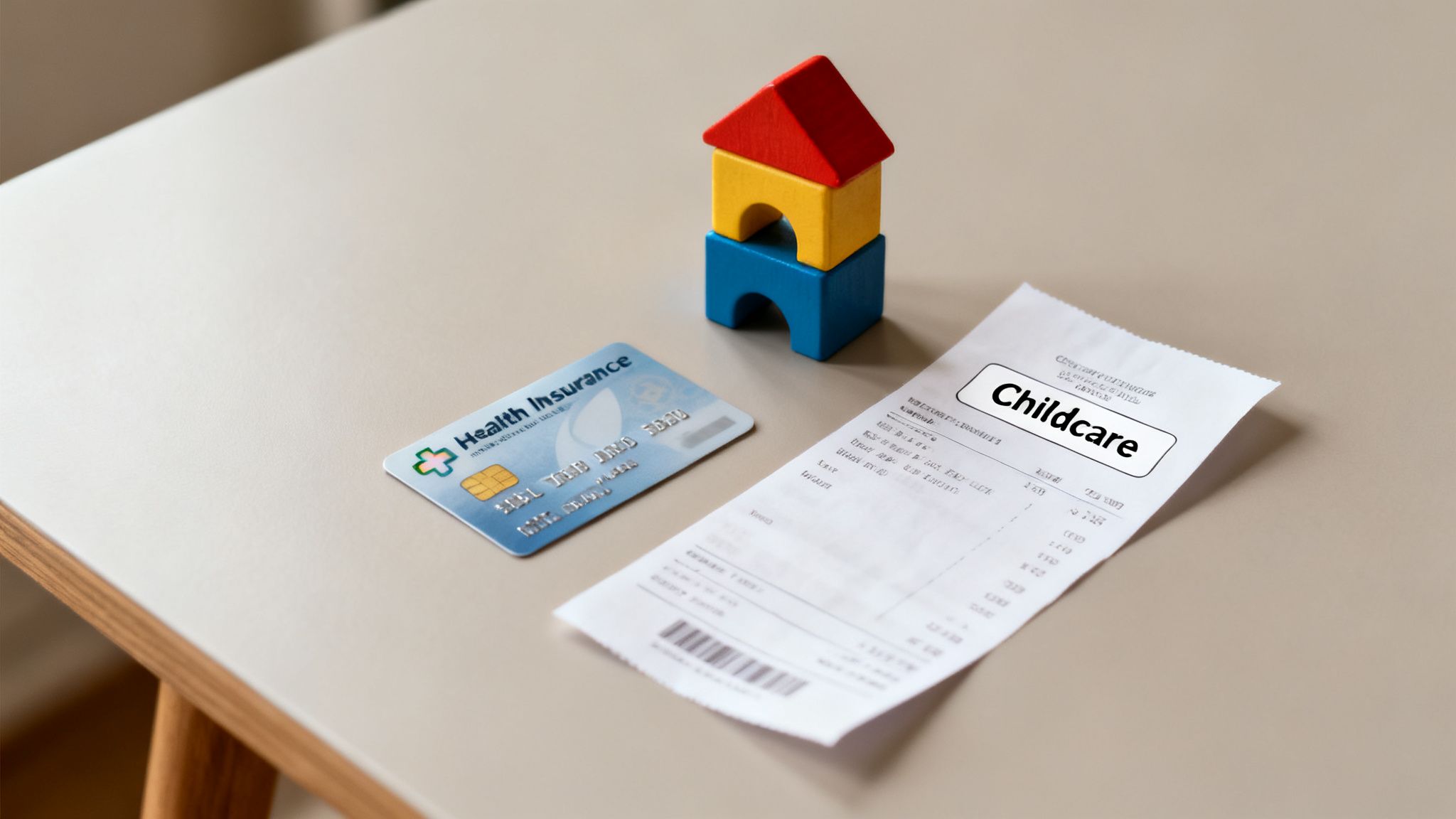Health insurance card, childcare receipt, and wooden block house representing family expenses.