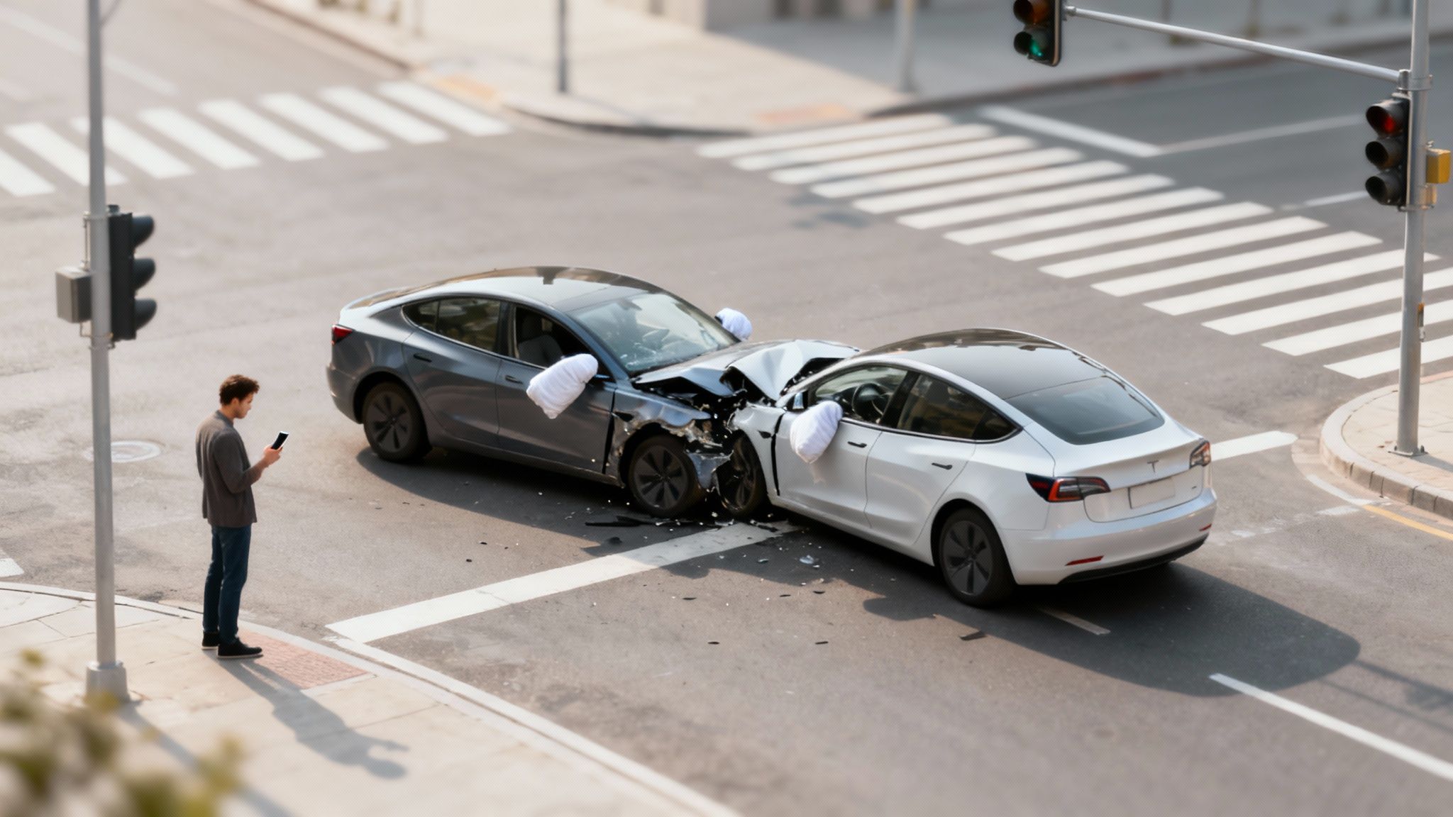 A car that has been damaged in a T-bone accident at an intersection.