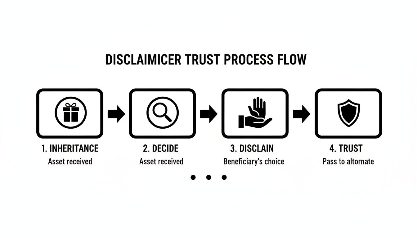 Flowchart illustrating the disclaimer trust process: inheritance, decision, disclaim, and trust.