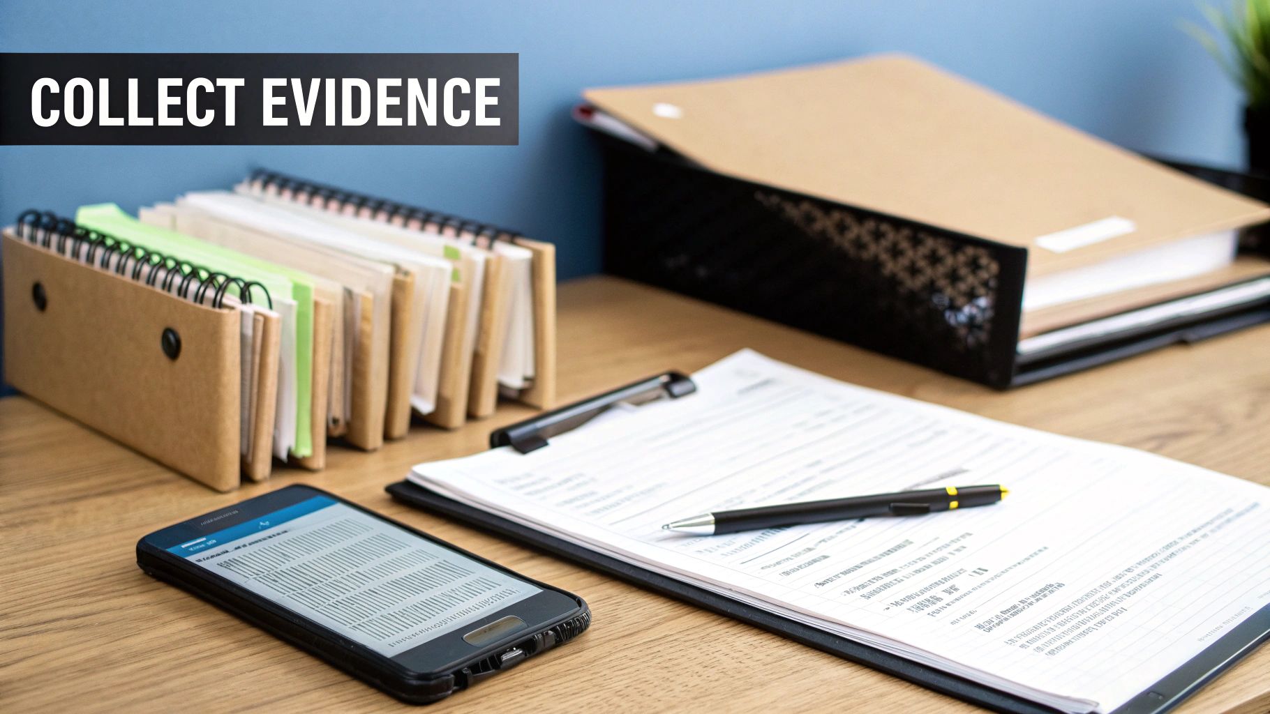 A person carefully organizing legal documents and files on a wooden desk.