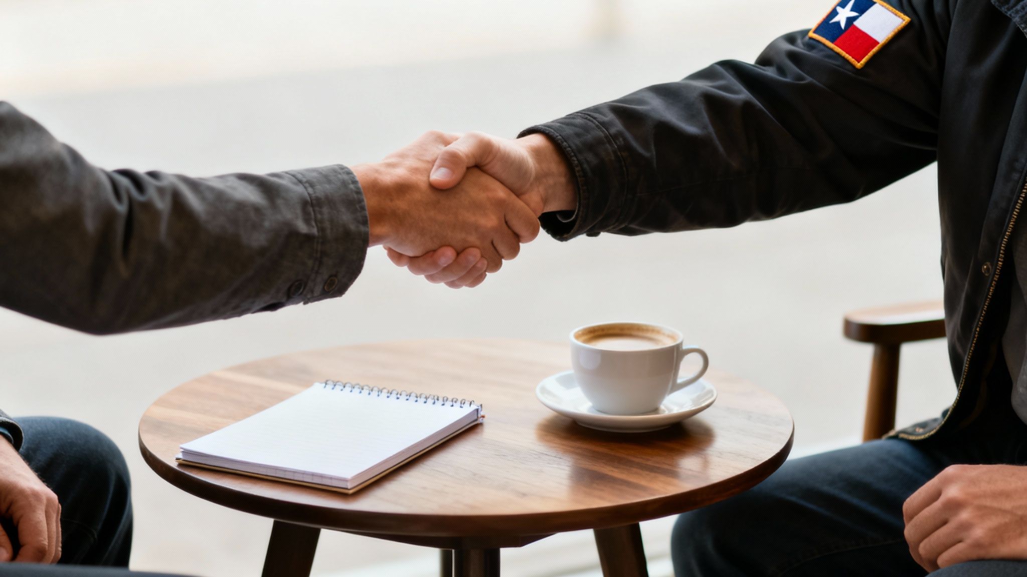 Handshake over a coffee table symbolizing agreement and verbal contracts in Texas, with a notepad for notes on tenant-landlord discussions.