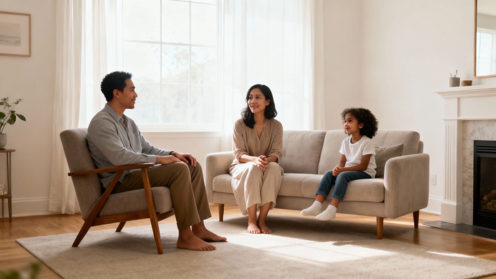 A diverse family laughing together in a sunny living room, showcasing a warm and supportive environment.